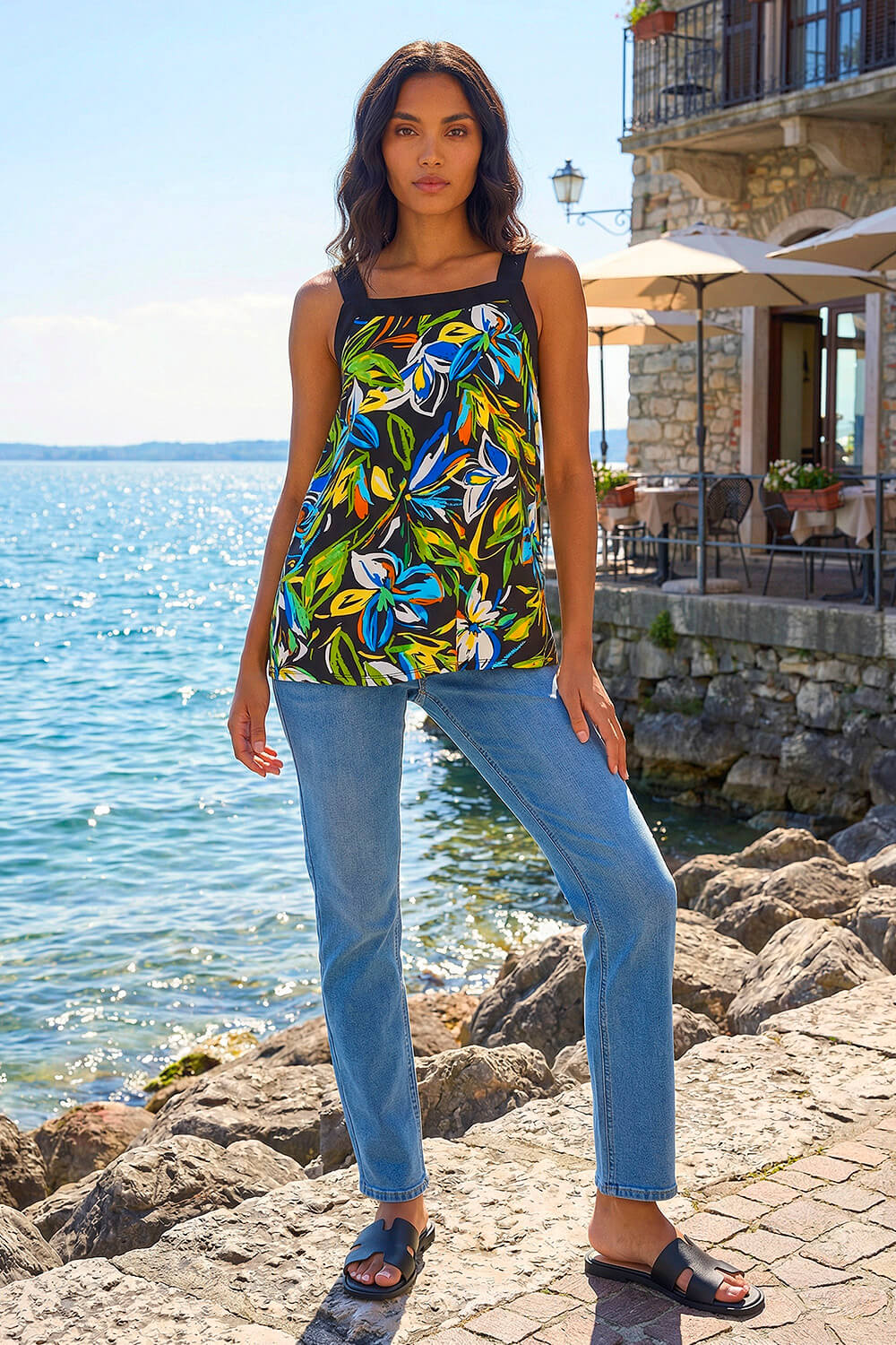 Green Floral Print Cami Stretch Top, Image 3 of 4