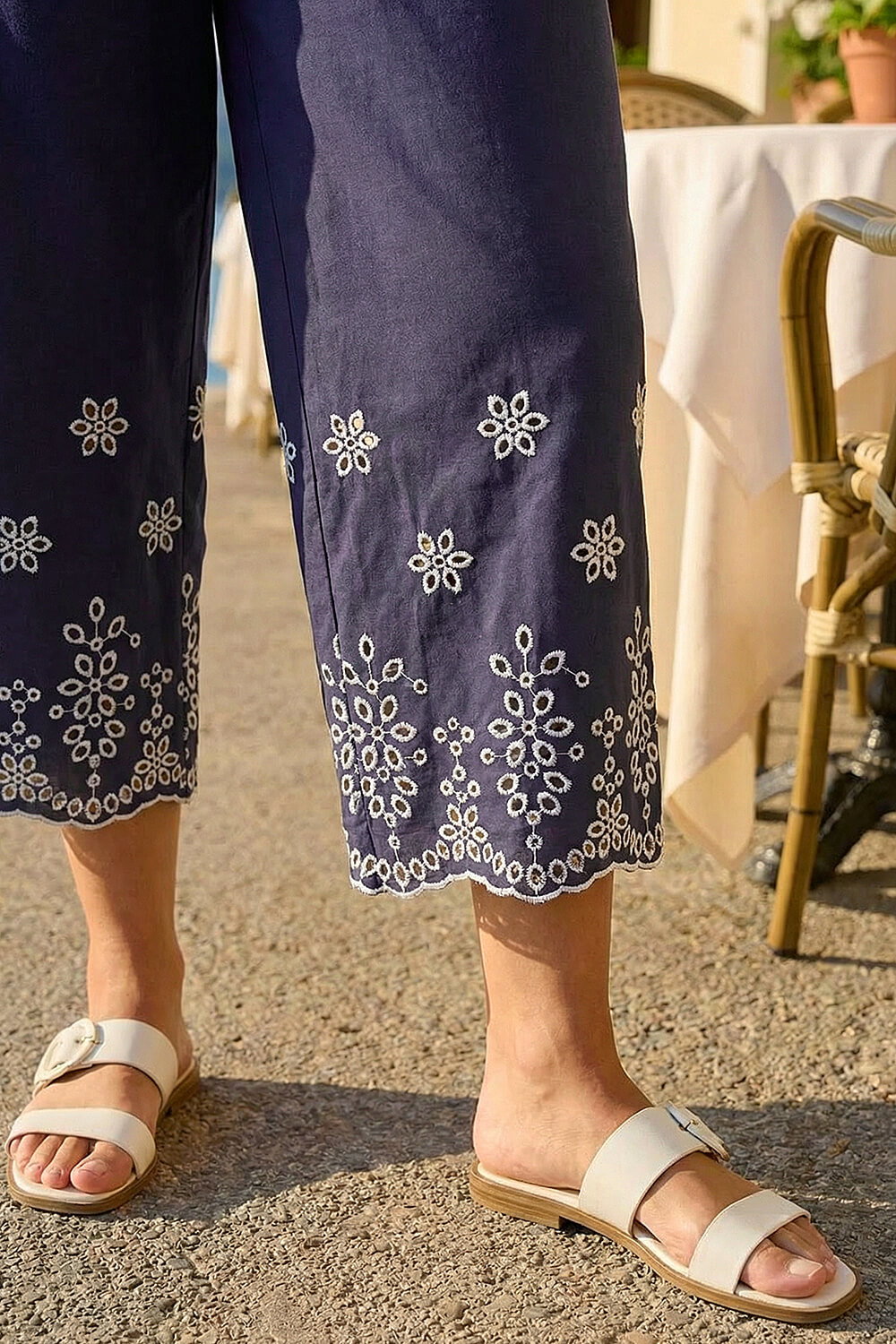 Navy Broderie Cotton Culottes, Image 5 of 4