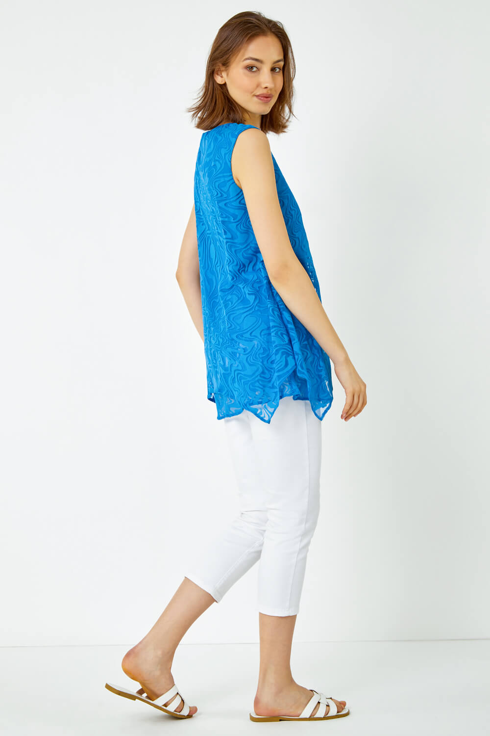 Blue Sleeveless Textured Swirl Print Top, Image 4 of 5