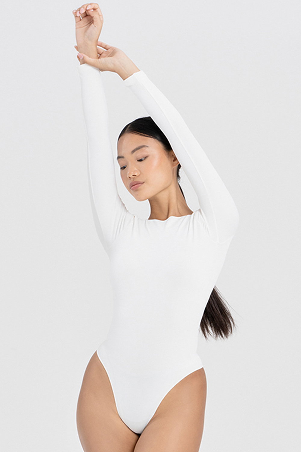 White Long Sleeve Sculpting Bodysuit Fit, Image 5 of 5