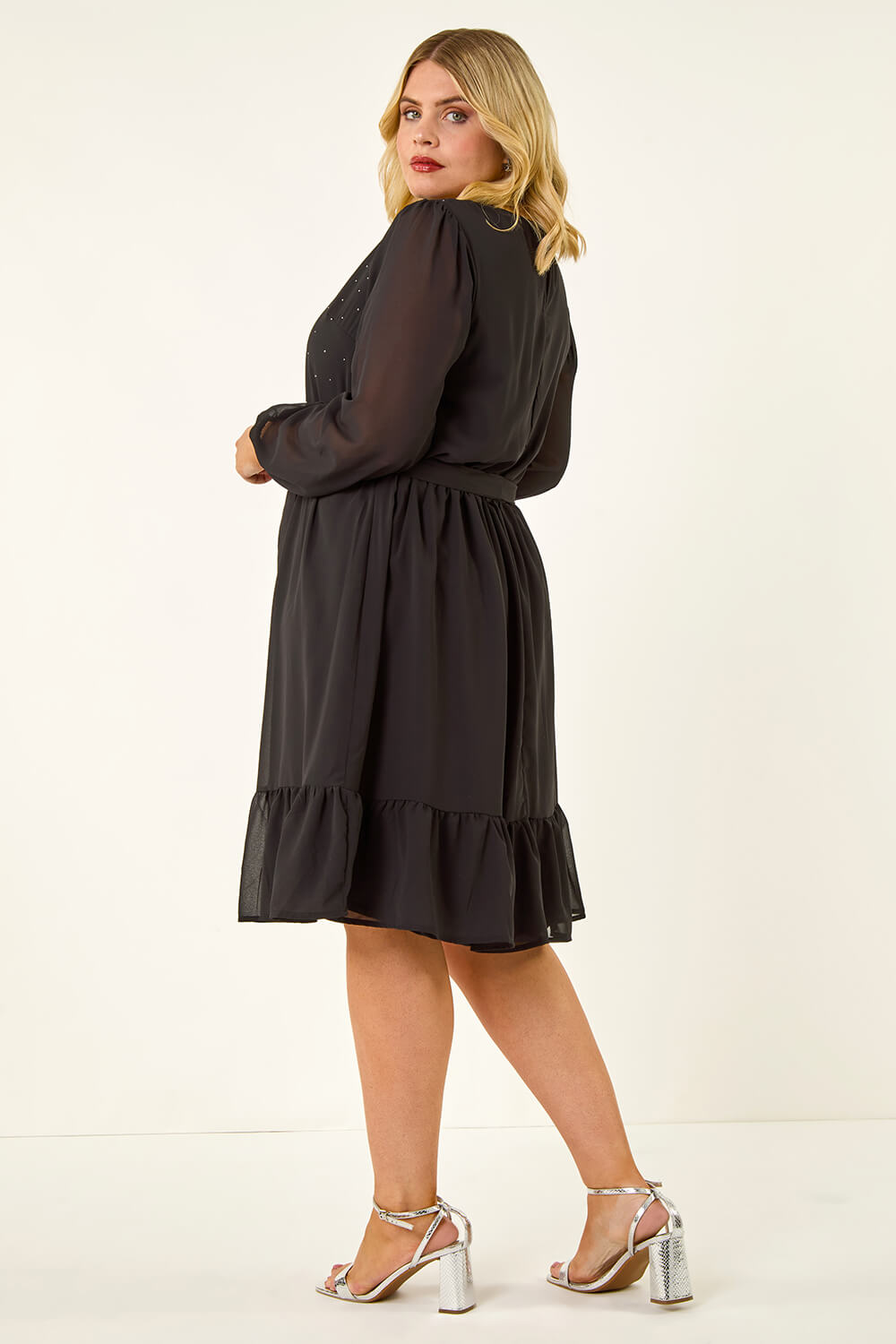 Black Curve Hotfix Tie Waist Dress, Image 4 of 5
