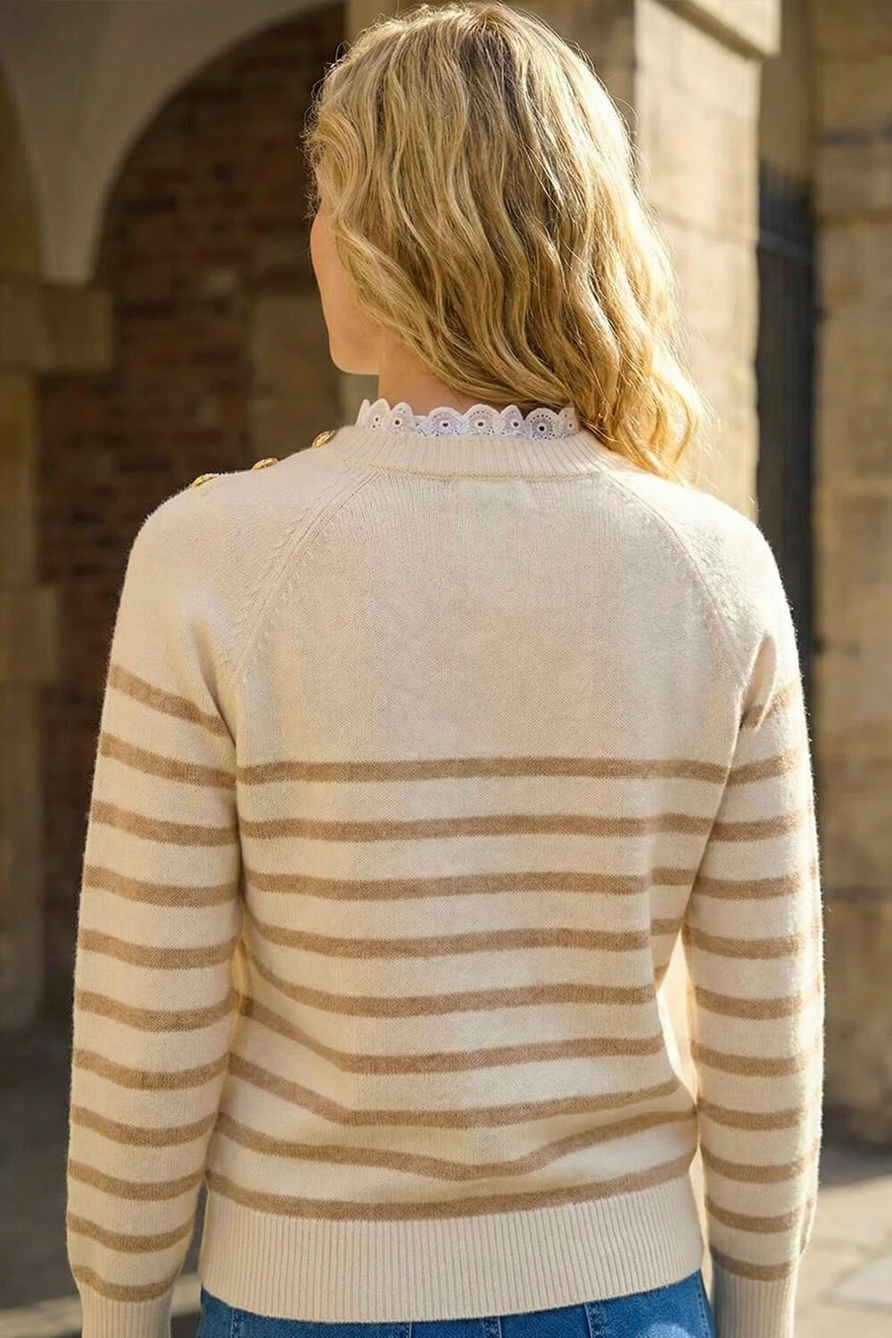 Ivory  Stripe Buttoned Shoulder Knit Jumper, Image 5 of 4