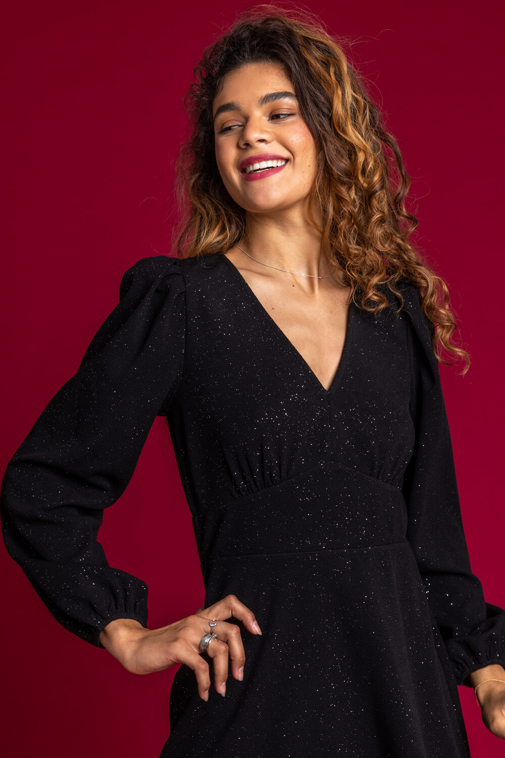 Black Glitter Crepe Frill Hem Dress, Image 5 of 5