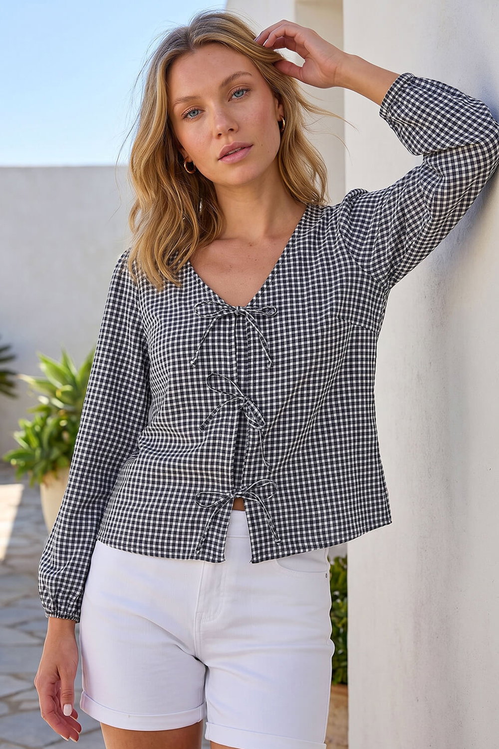 Black Gingham Print Tie Front Woven Top | Roman UK