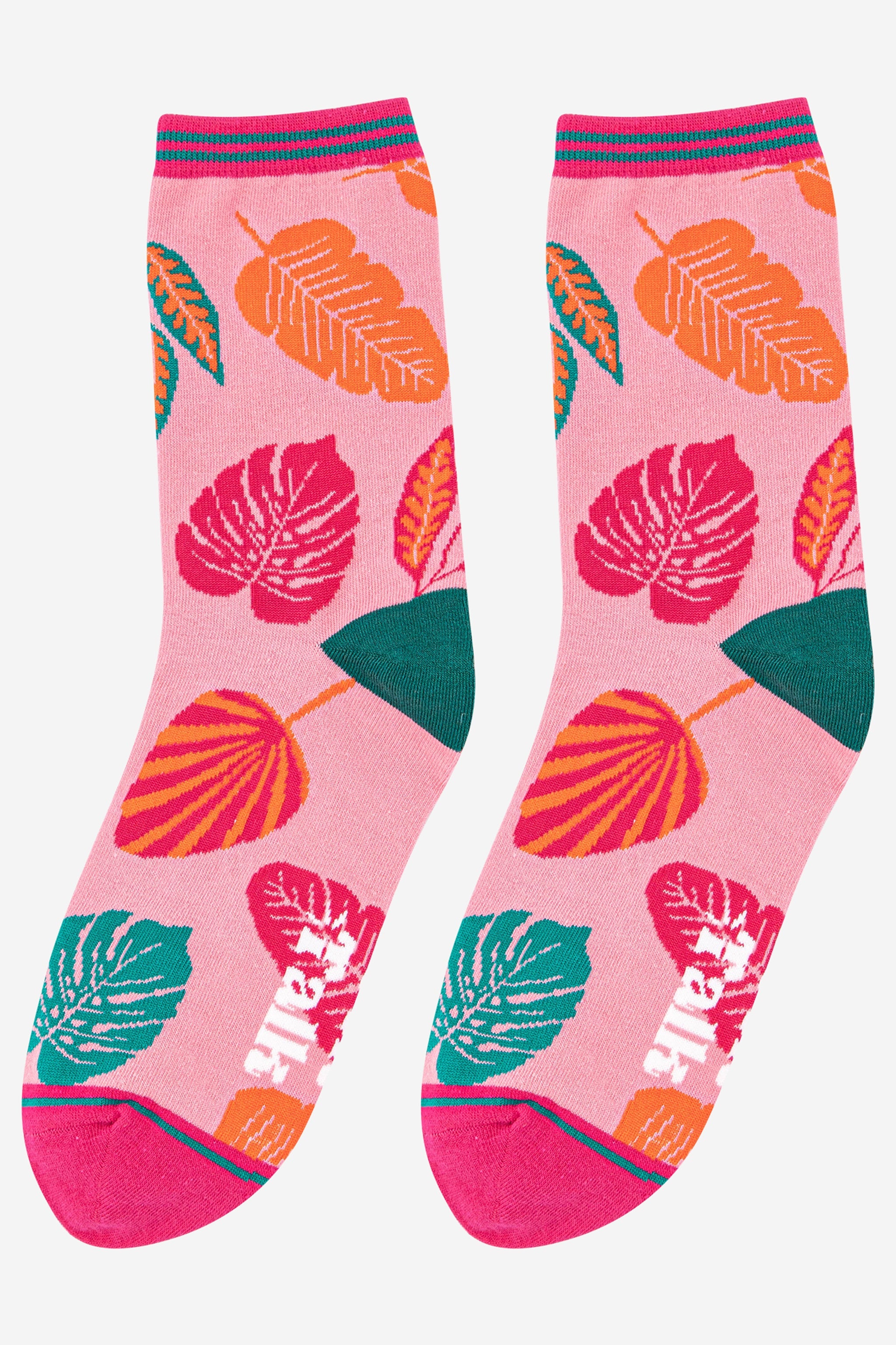 Pink Tropical Jungle Leaf Bamboo Socks, Image 2 of 3
