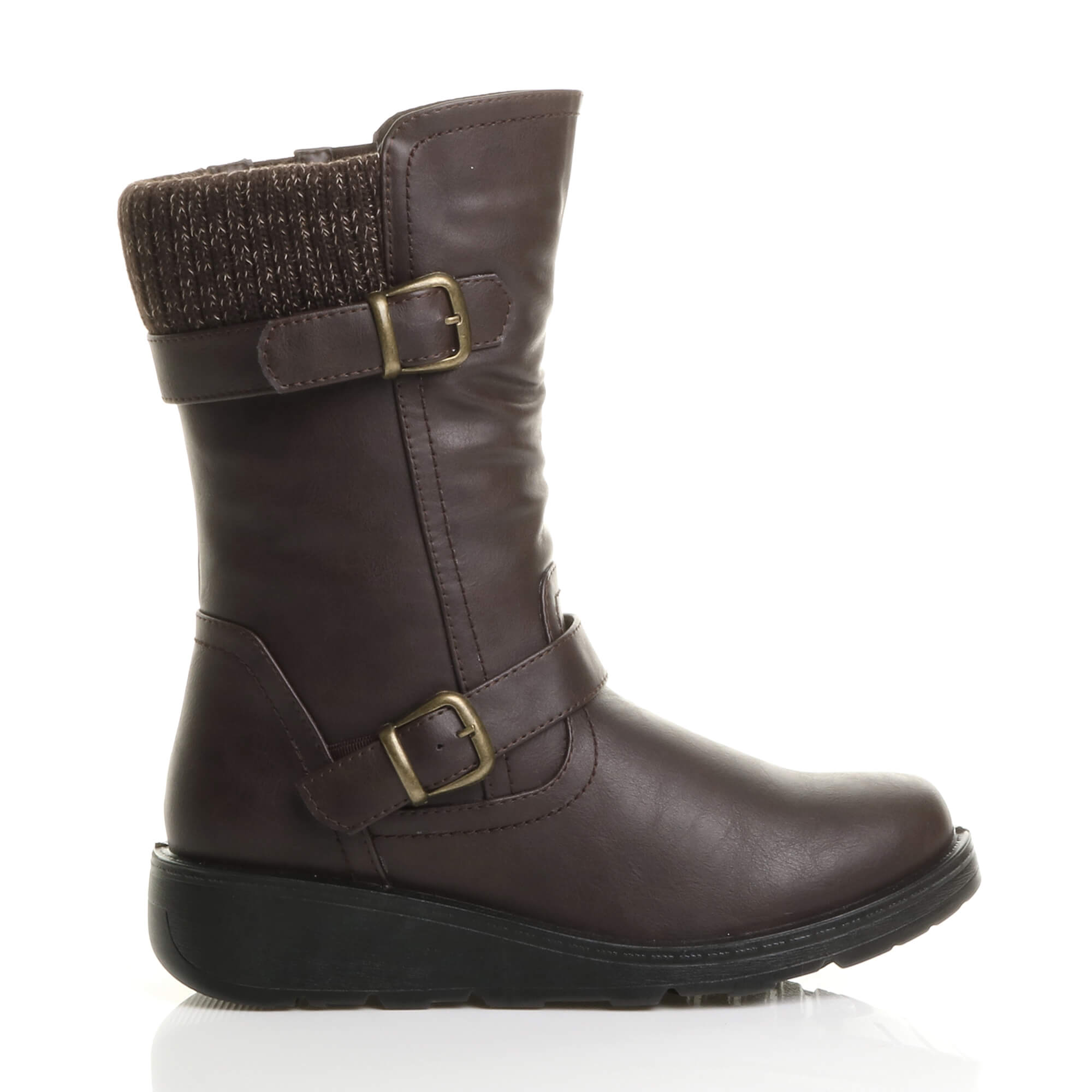Brown AJVANI Brown Low Wedge Heel Comfort Calf Biker Boots, Image 2 of 6