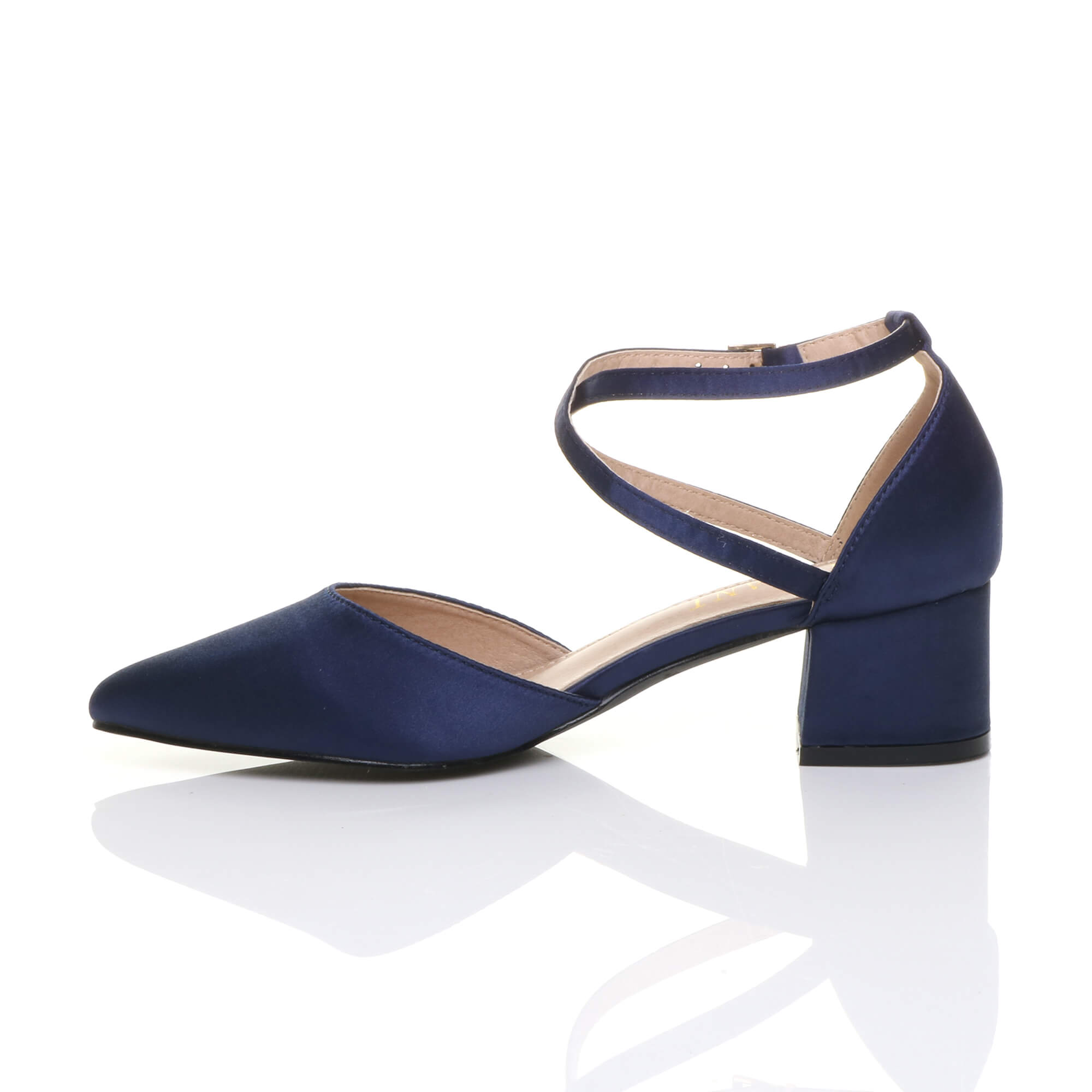 Navy Blue AJVANI Navy Blue Mid Block Heel Crossed Strap Pointed Toe 2 Part Heels, Image 3 of 6