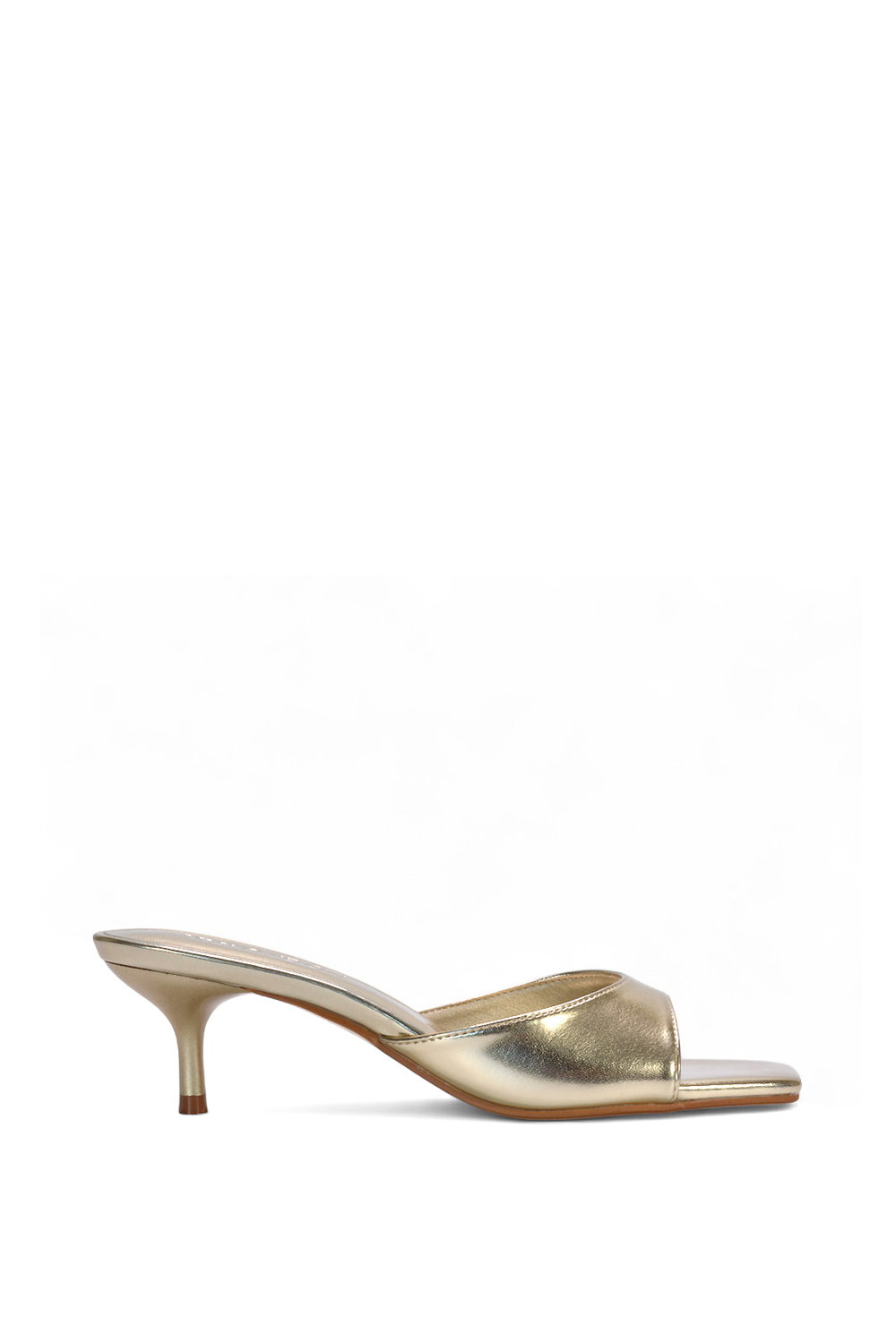 Gold XY LONDON Gold 'Jane' Square Toe Kitten Heel Slip On Heeled Sandal Mules, Image 1 of 6