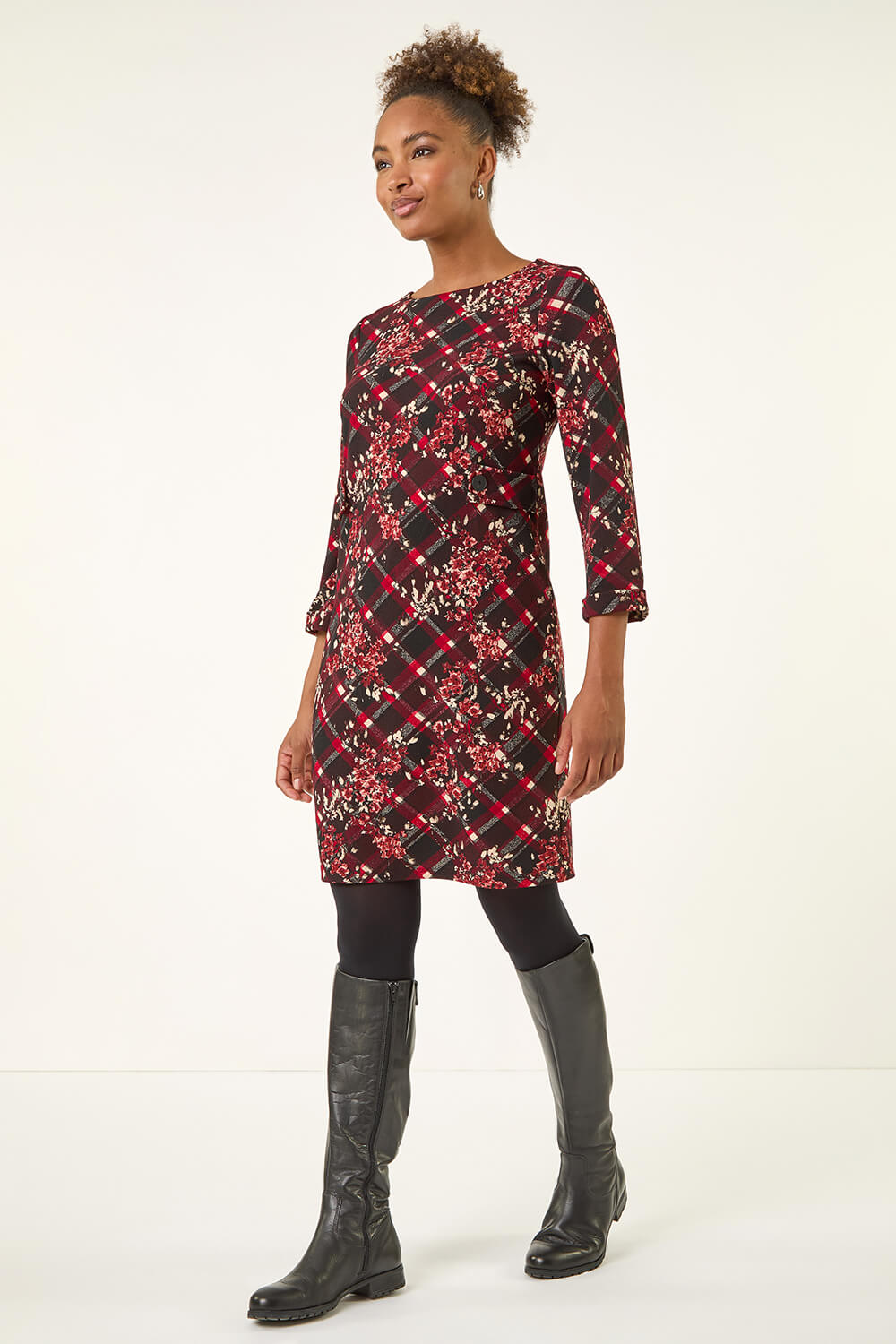 Wine Floral Plaid Panel Shift Dress | Roman UK