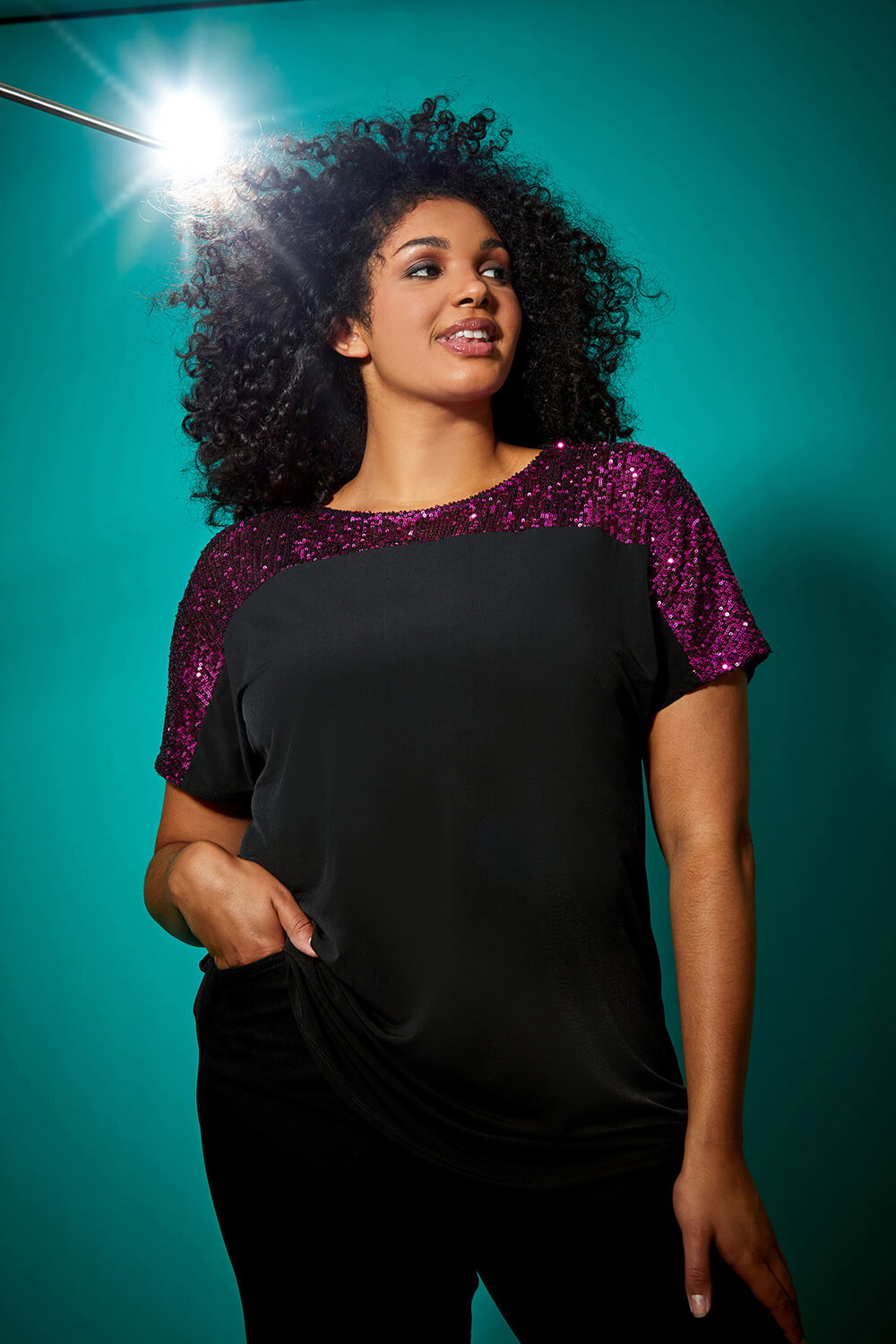 Fuchsia Curve Sequin Embellished Stretch Top, Image 1 of 7