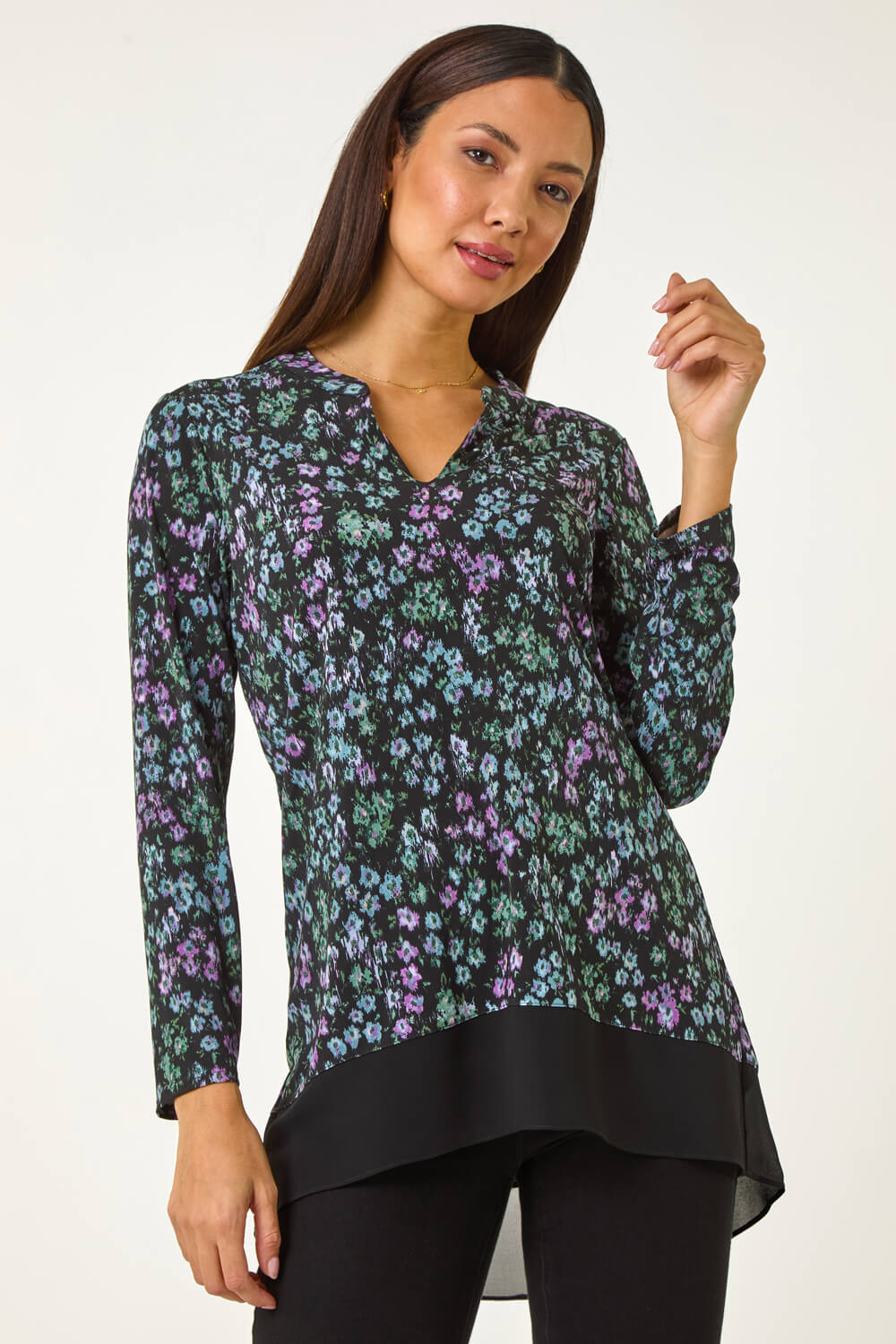 Black Floral Print V-Neck Tunic Top, Image 1 of 5