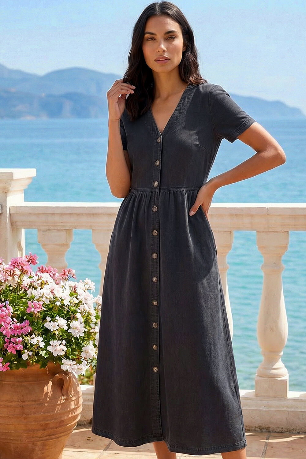 Black Denim Button Down Midi Dress, Image 3 of 4