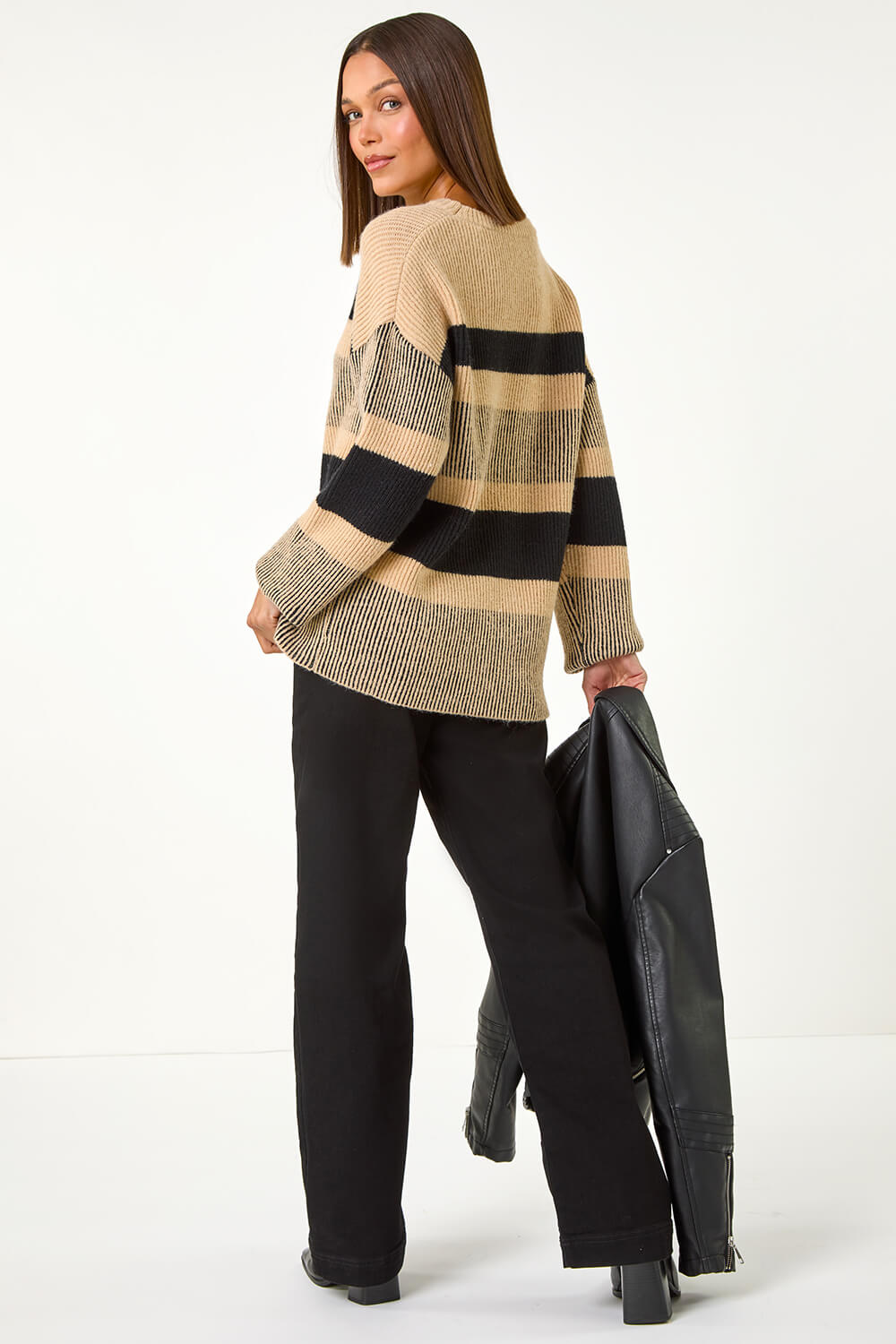 Camel Colour Block Striped Knit Jumper, Image 4 of 5