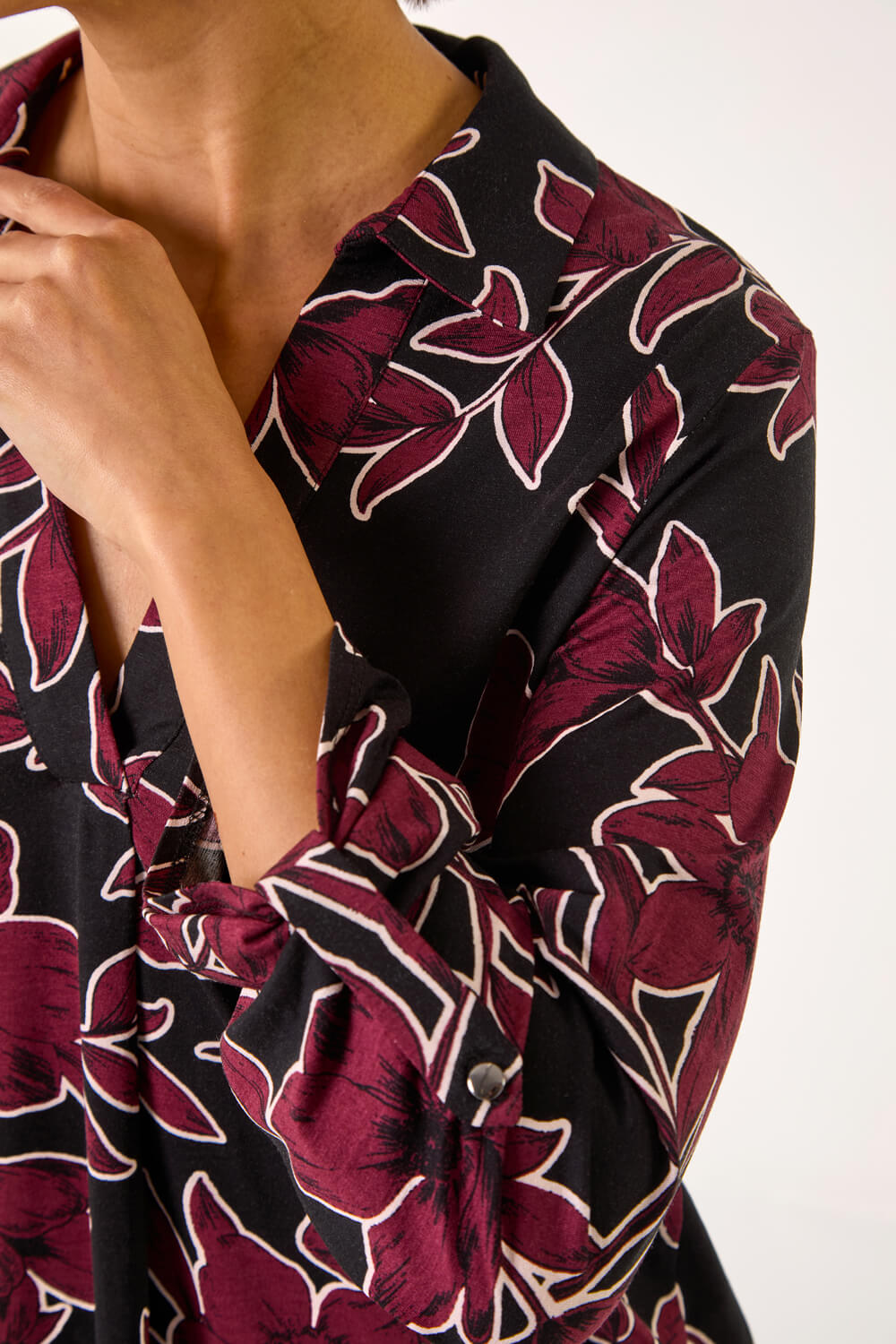 Purple Floral Print V-Neck Collar Top, Image 6 of 5