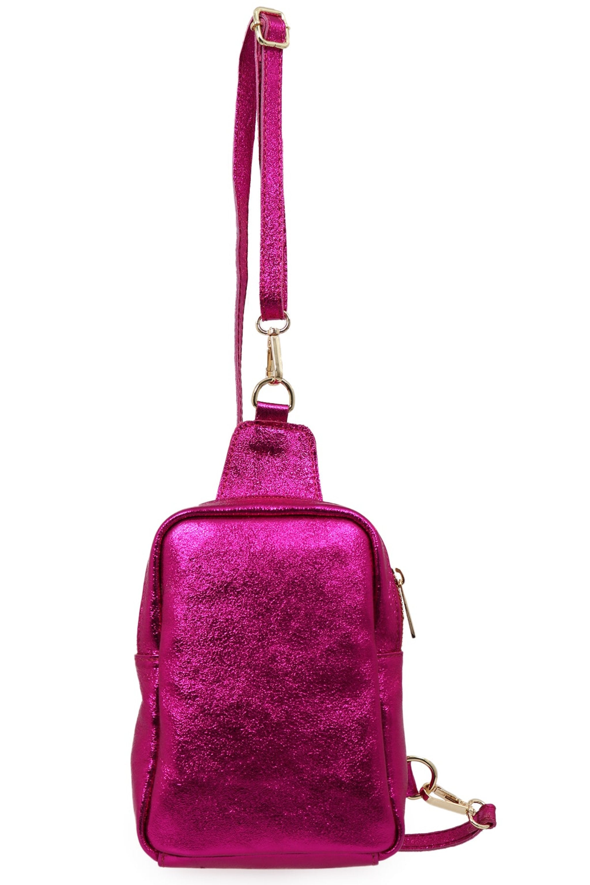 Raspberry Metallic Leather Crossbody Sling Bag, Image 1 of 2
