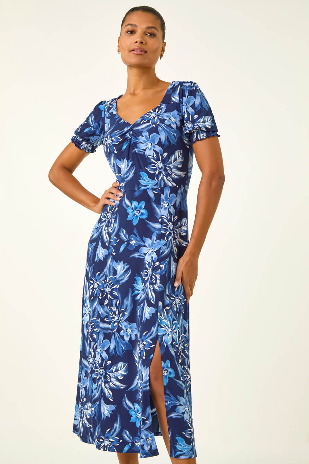 Blue Floral Print Ruched Stretch Midi Dress, Image 5 of 5