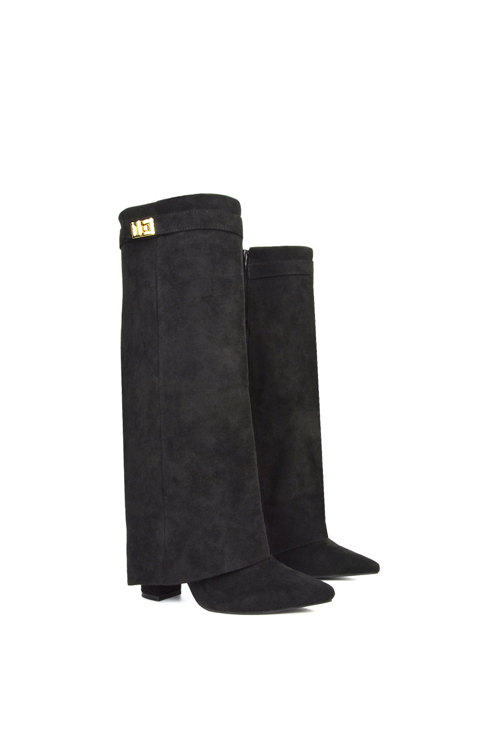 Black 'Rayna' Block Heel Knee High Foldover Boots With Pointed Toe, Image 5 of 6