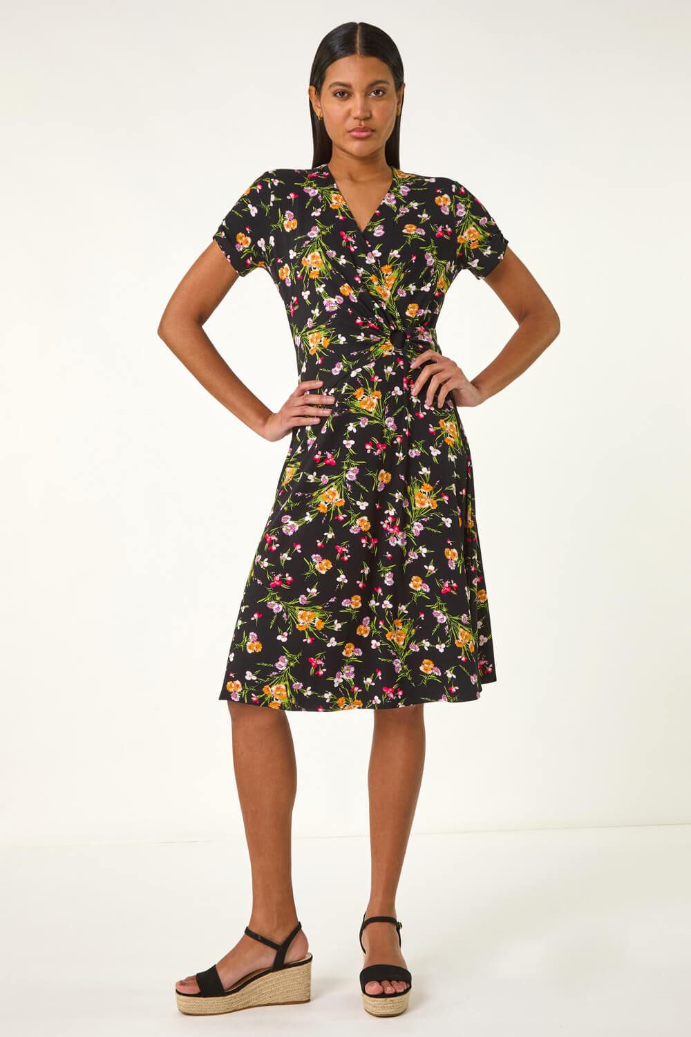 PINK Floral Stretch Ring Detail Midi Dress, Image 3 of 5