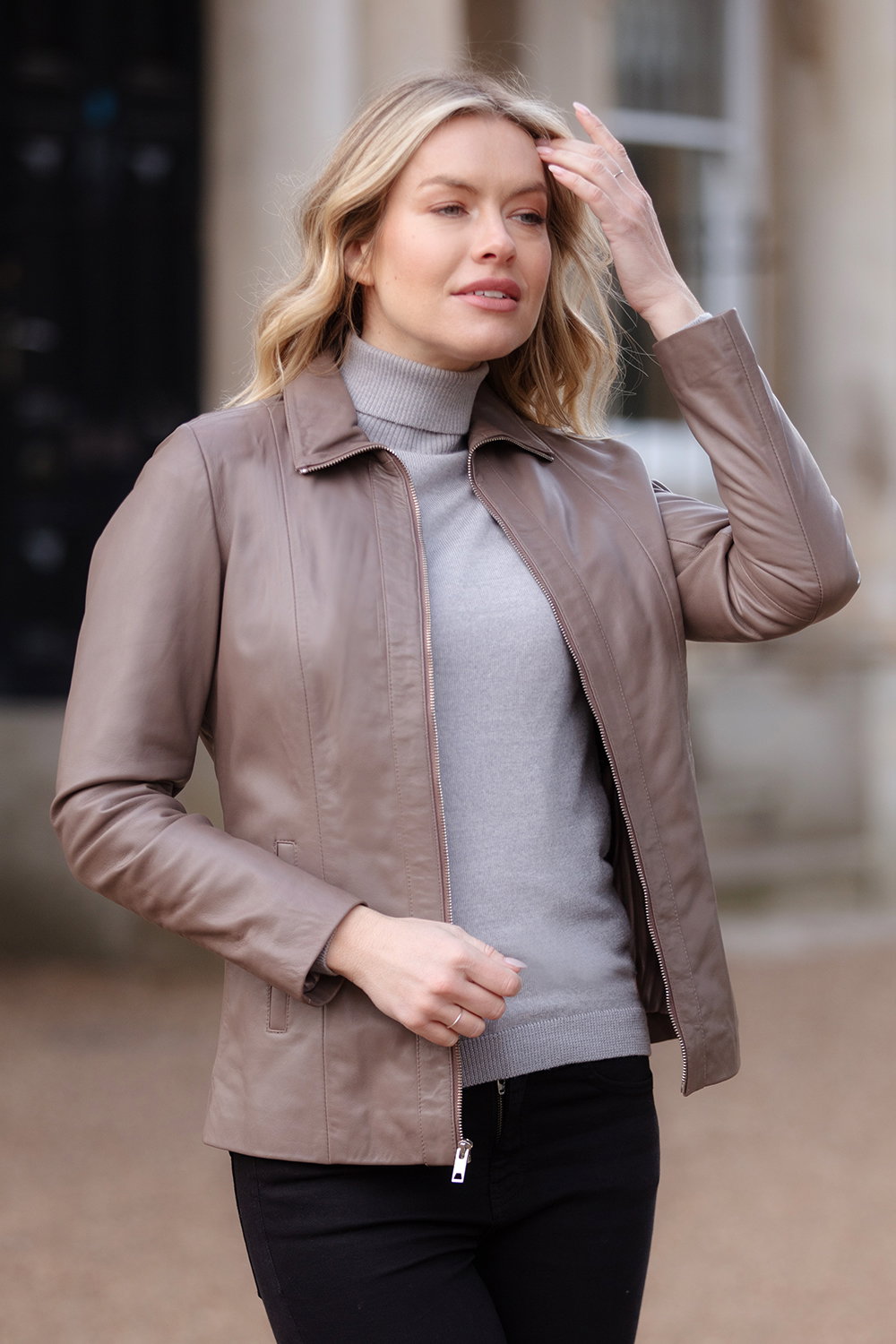 Taupe Casual Leather Jacket with Classic Collar, Image 1 of 5