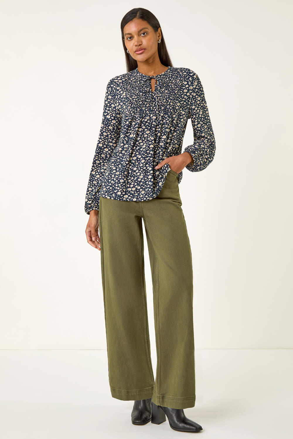 Navy Printed Shirred Tie Neck Top, Image 3 of 5
