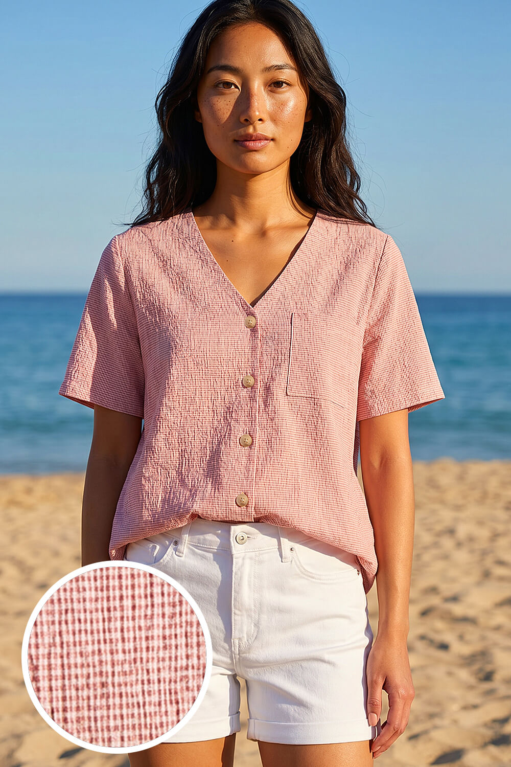 CORAL Petite Gingham Buttoned Top, Image 1 of 4