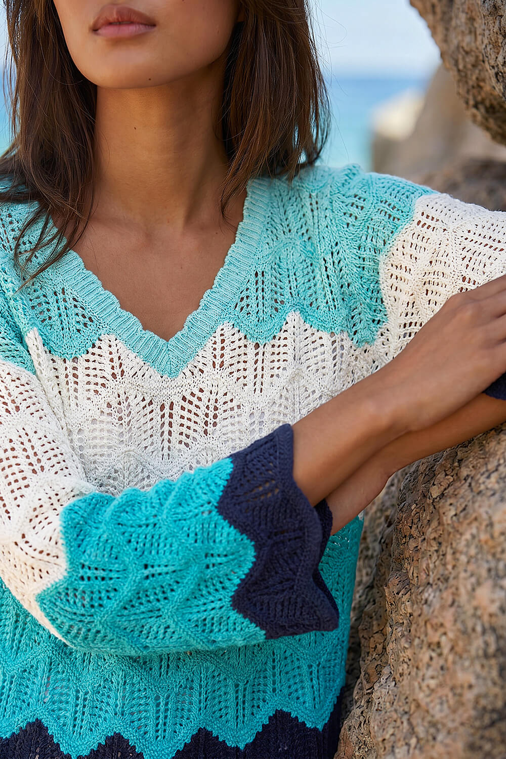 Turquoise Colour Block Crochet Knit Jumper, Image 5 of 4