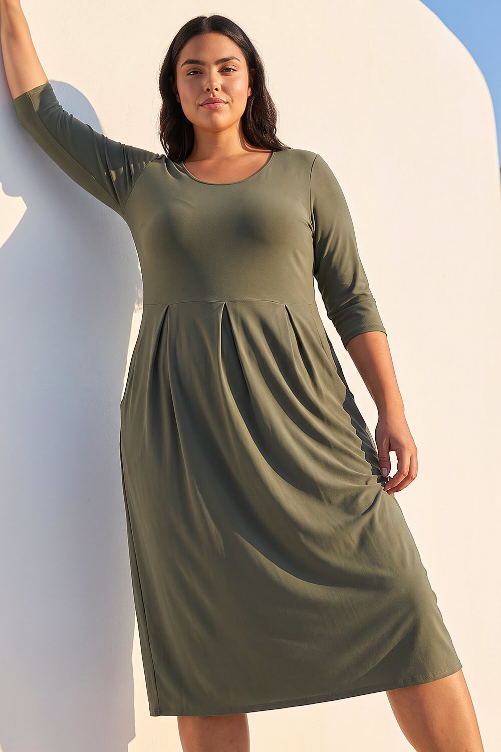 Khaki Curve Cocoon Pocket Detail Midi Dress, Image 1 of 4