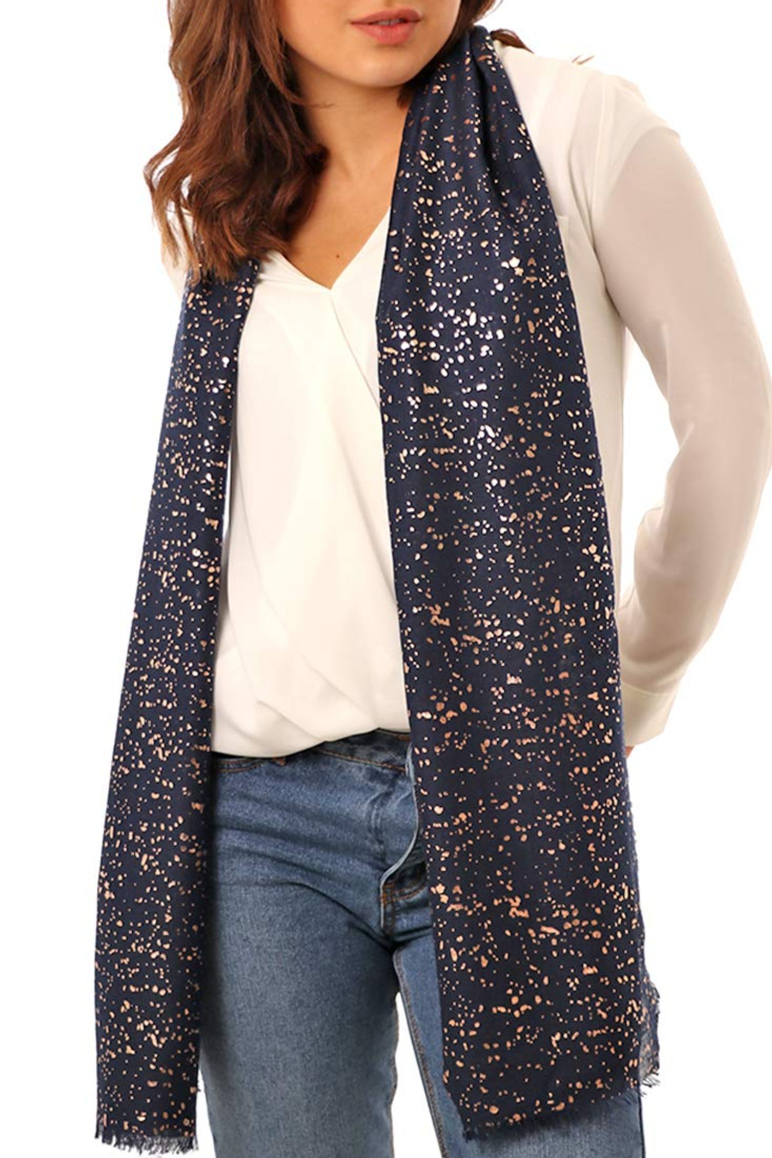 Navy Blue Rose Gold Speckle Lightweight Foil Scarf, Image 1 of 1