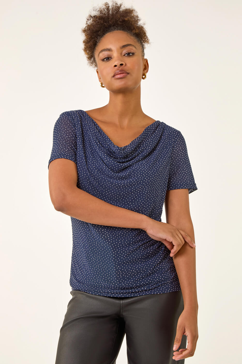 Navy Embellished Cowl Neck Top, Image 3 of 5