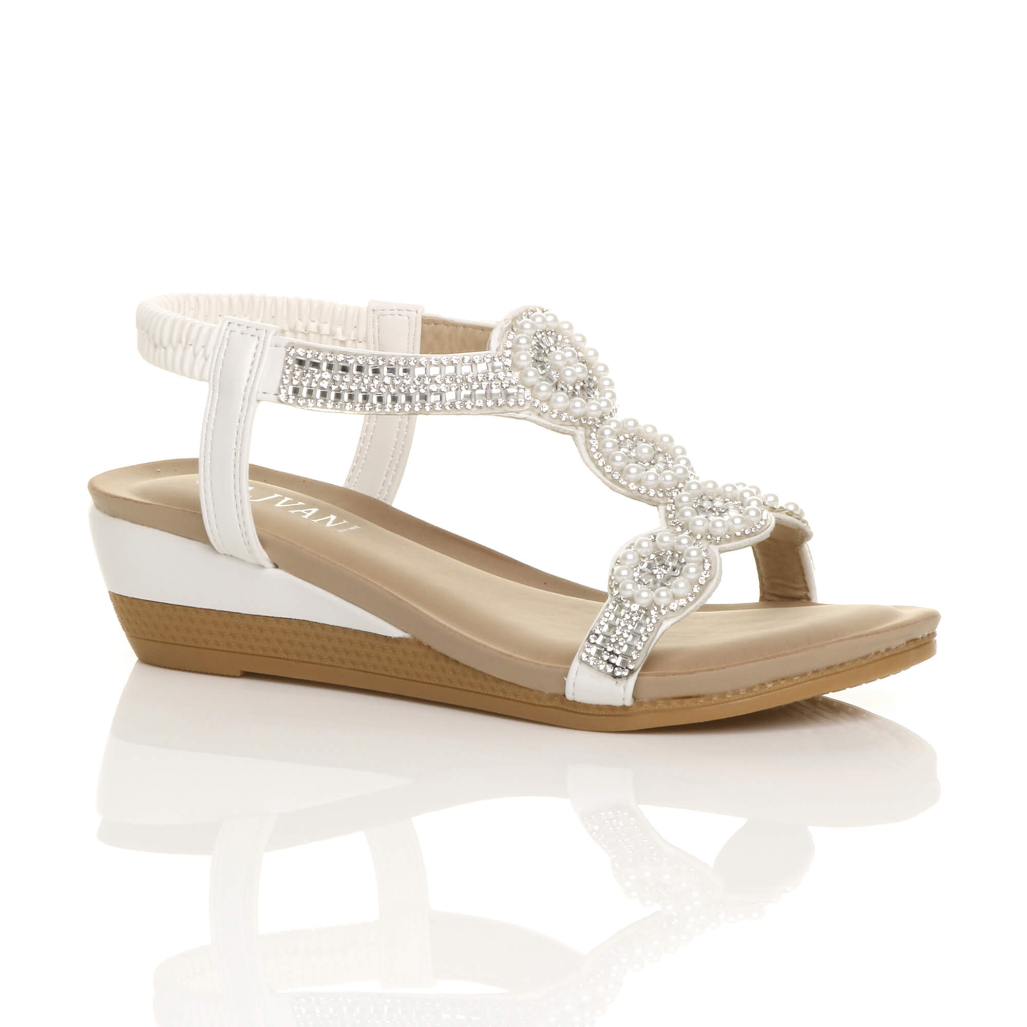 White AJVANI White Mid Wedge Diamante Slingback Sandals, Image 1 of 6