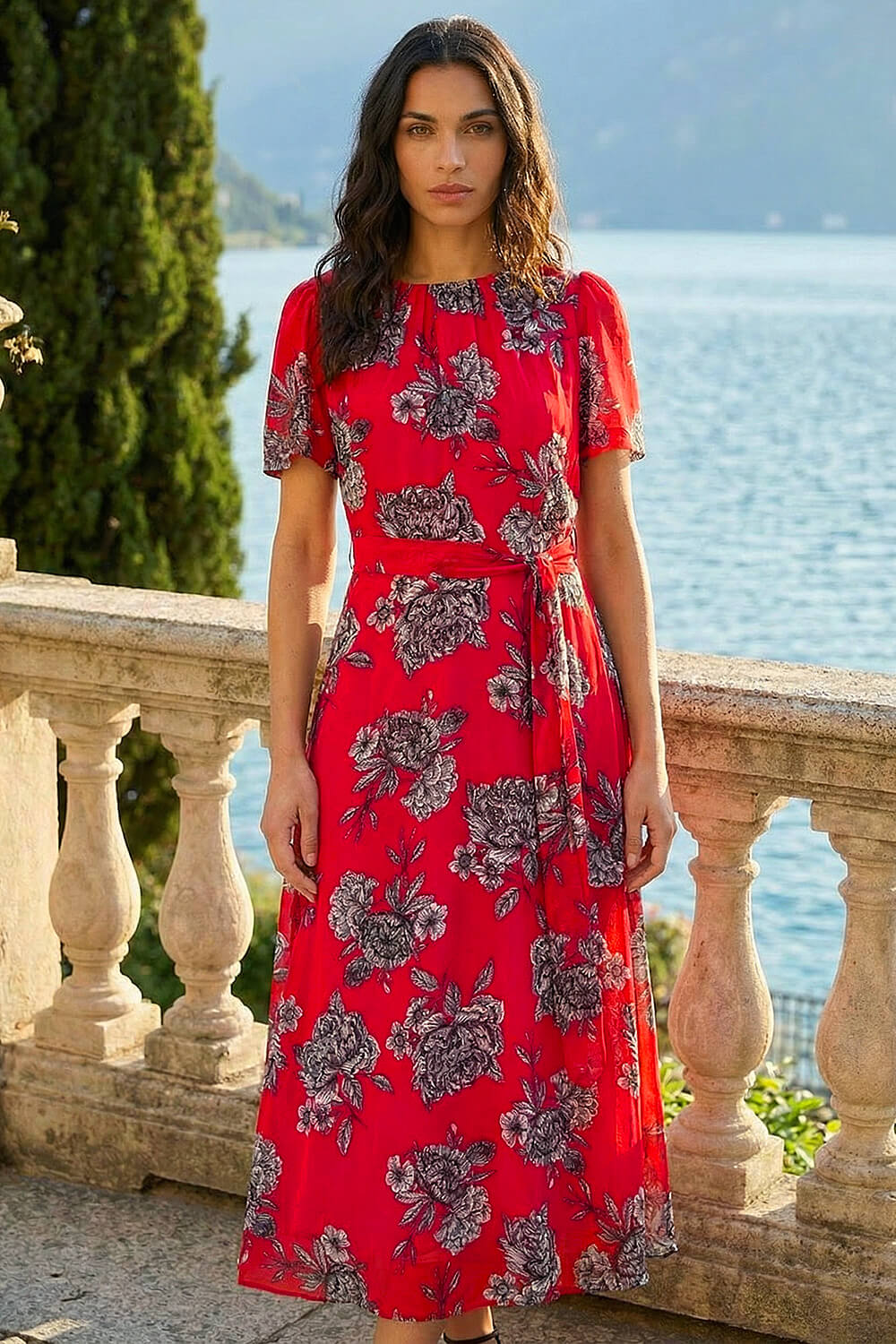 Red Floral Print Pleat Neck Midi Dress, Image 3 of 4