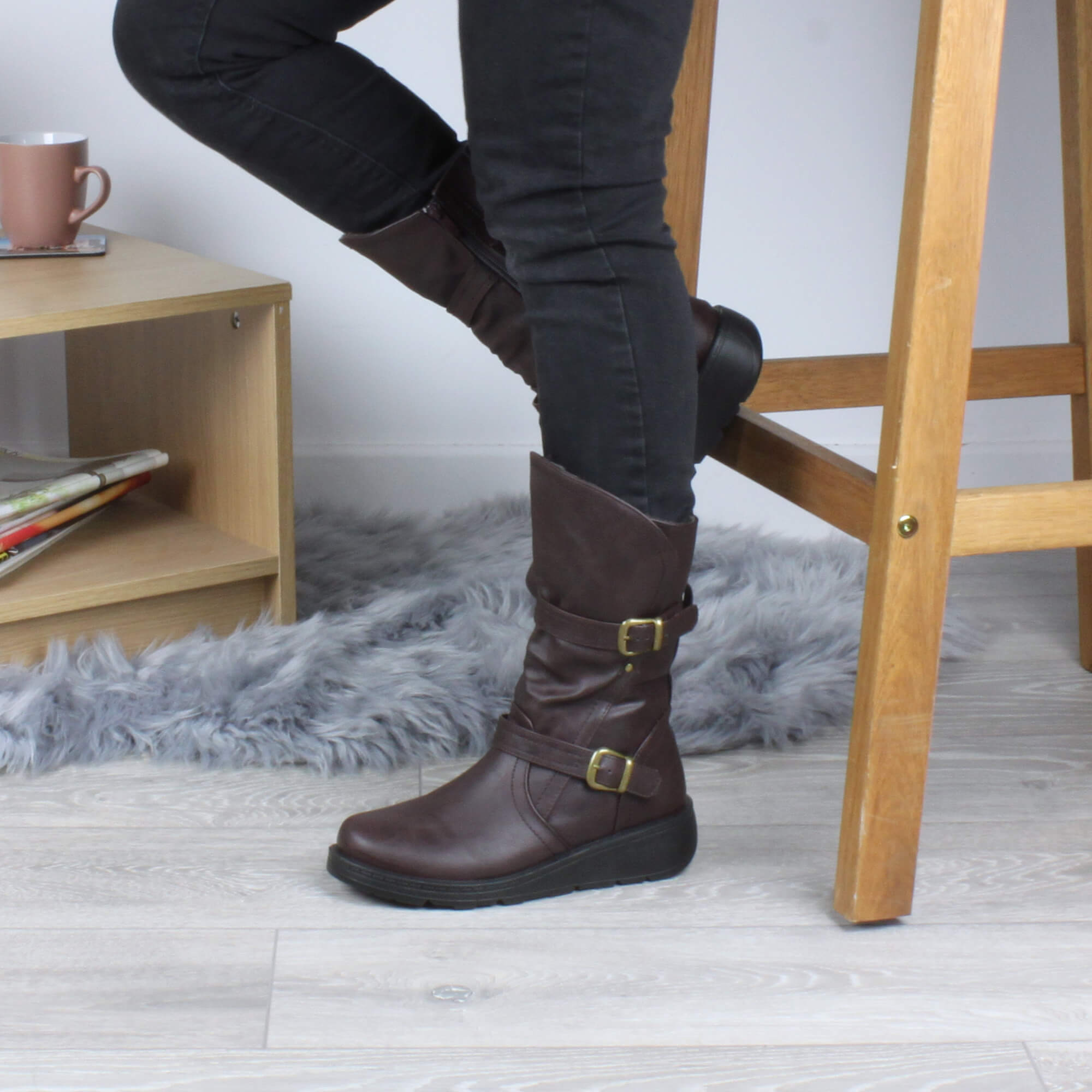 Brown AJVANI Brown Low Wedge Heel Comfort Calf Biker Boots, Image 5 of 6