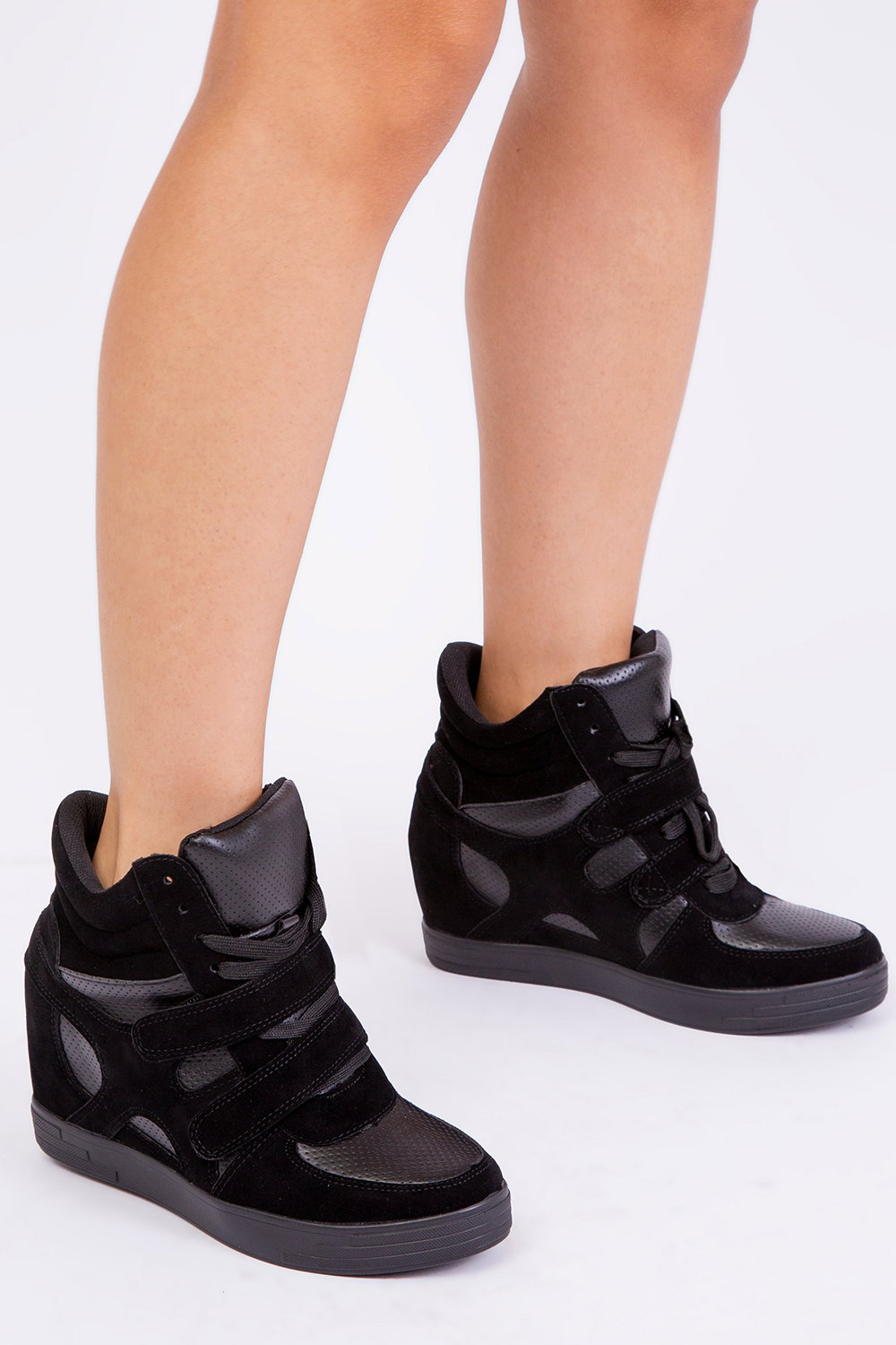 Black 'Hitop' Wedge Trainers With A Front Lace Up, Image 1 of 2