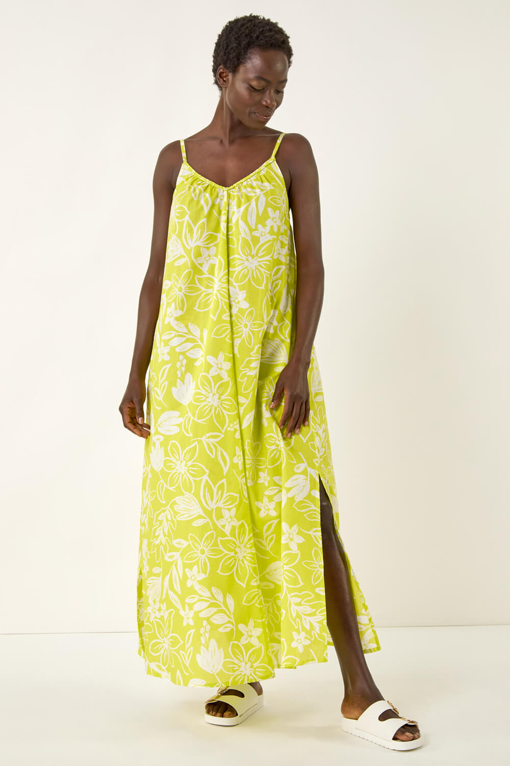 Lime Floral Strappy Maxi Dress, Image 3 of 5