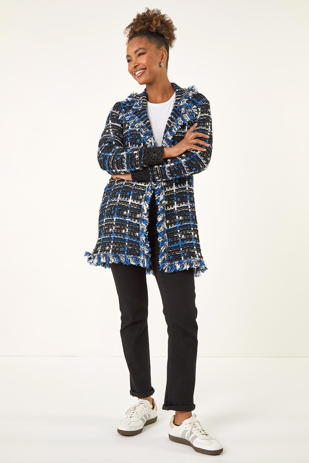 Navy Check Fringe Knit Cardigan, Image 3 of 5