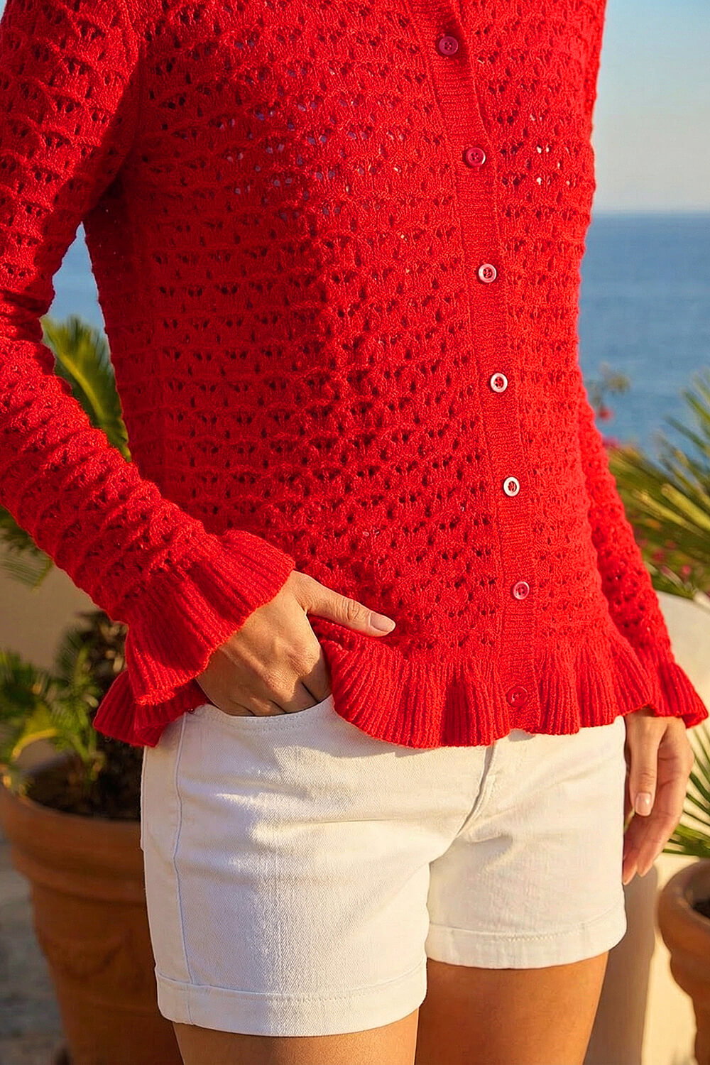 Red Petite Textured Frill Hem Knit Cardigan | Roman UK