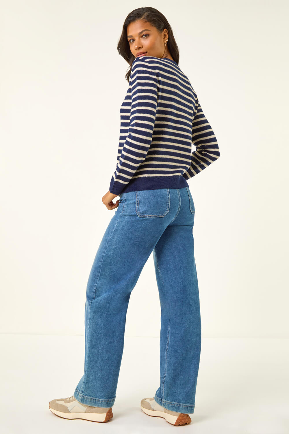 Navy Soft Stripe Button Knit Cardigan, Image 4 of 5