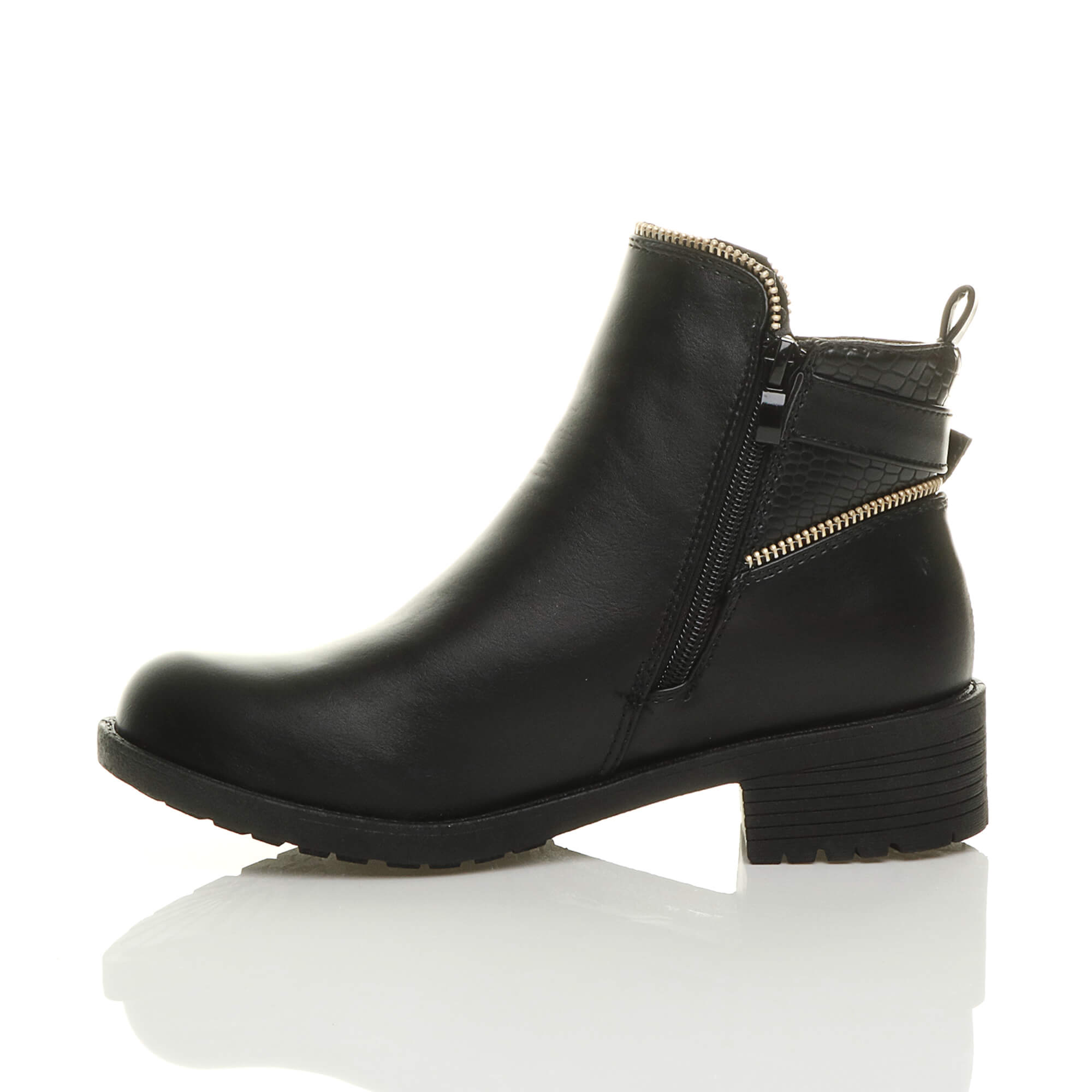 Black Low Heel Gold Zip Ankle Boots, Image 3 of 6