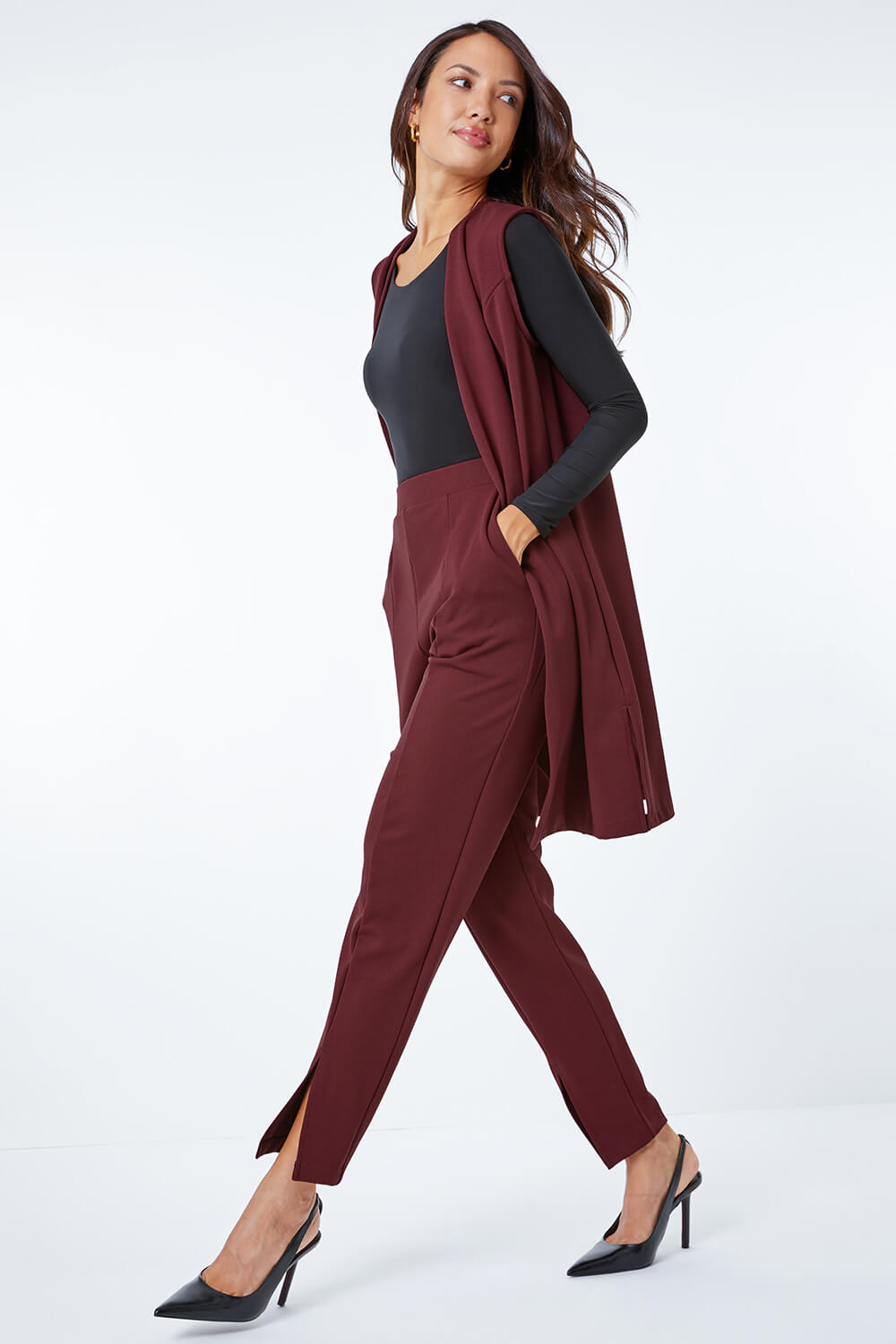 Wine Premium Stretch Split Hem Trouser, Image 3 of 5