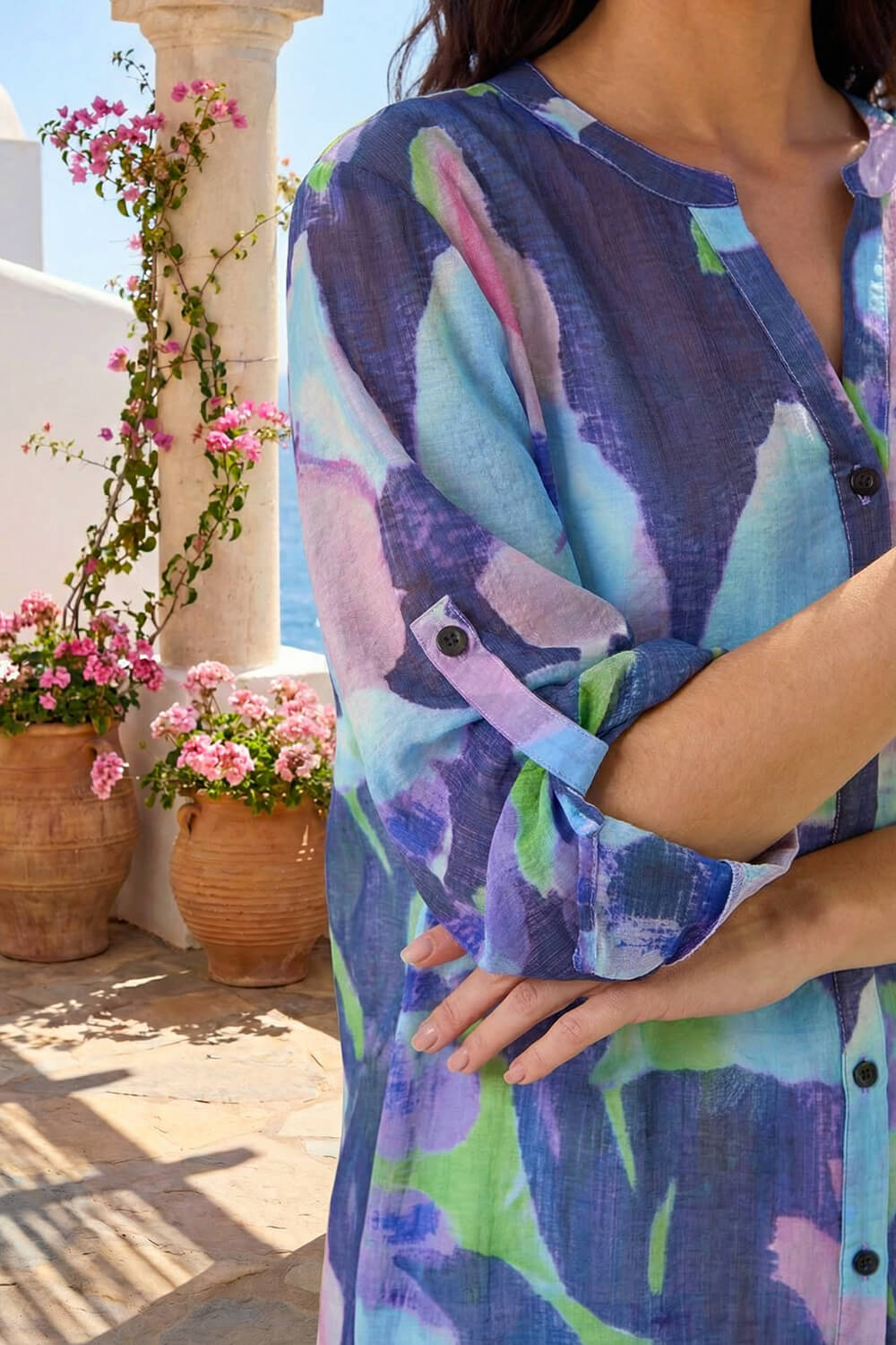 Purple Abstract Print Button Up Longline Blouse, Image 5 of 4