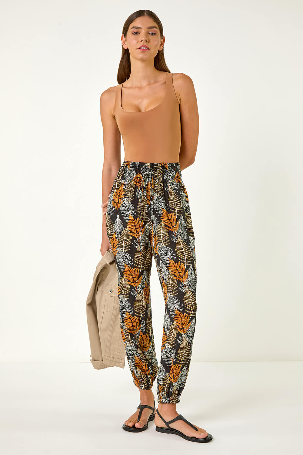 Black Leaf Tie Waist Trousers, Image 3 of 5