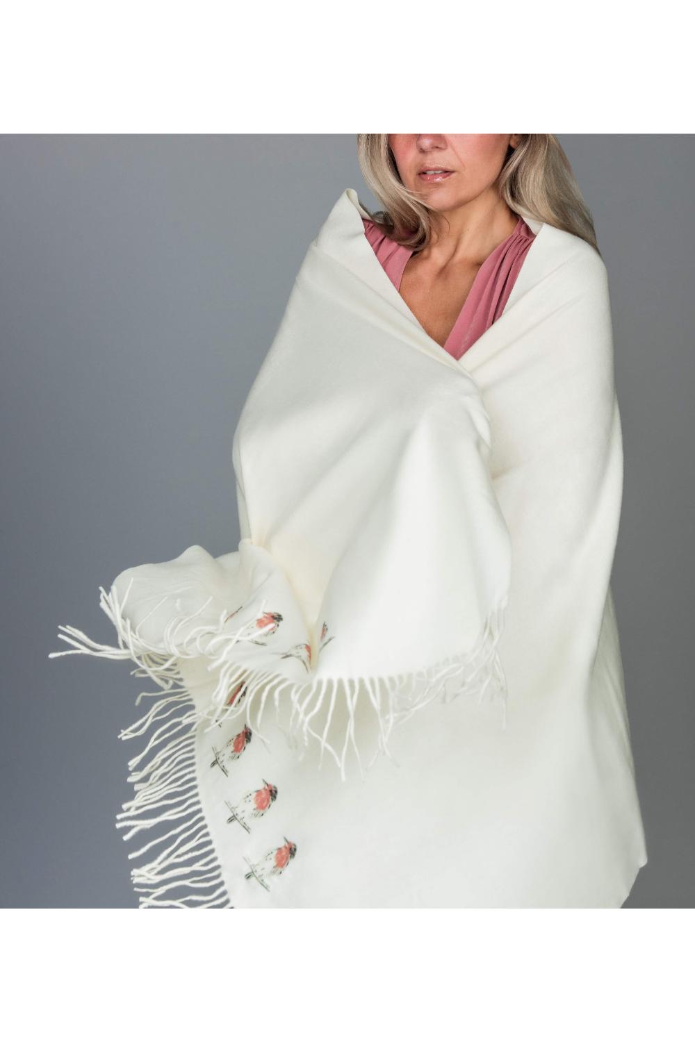 Cream Cashmere Feel Luxury Scarf Handprinted with Robins, Image 1 of 2