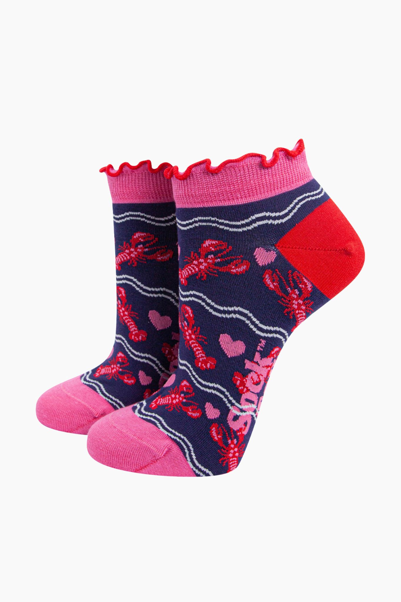 Navy Blue Lobsters in Love Bamboo Trainer Socks, Image 1 of 4