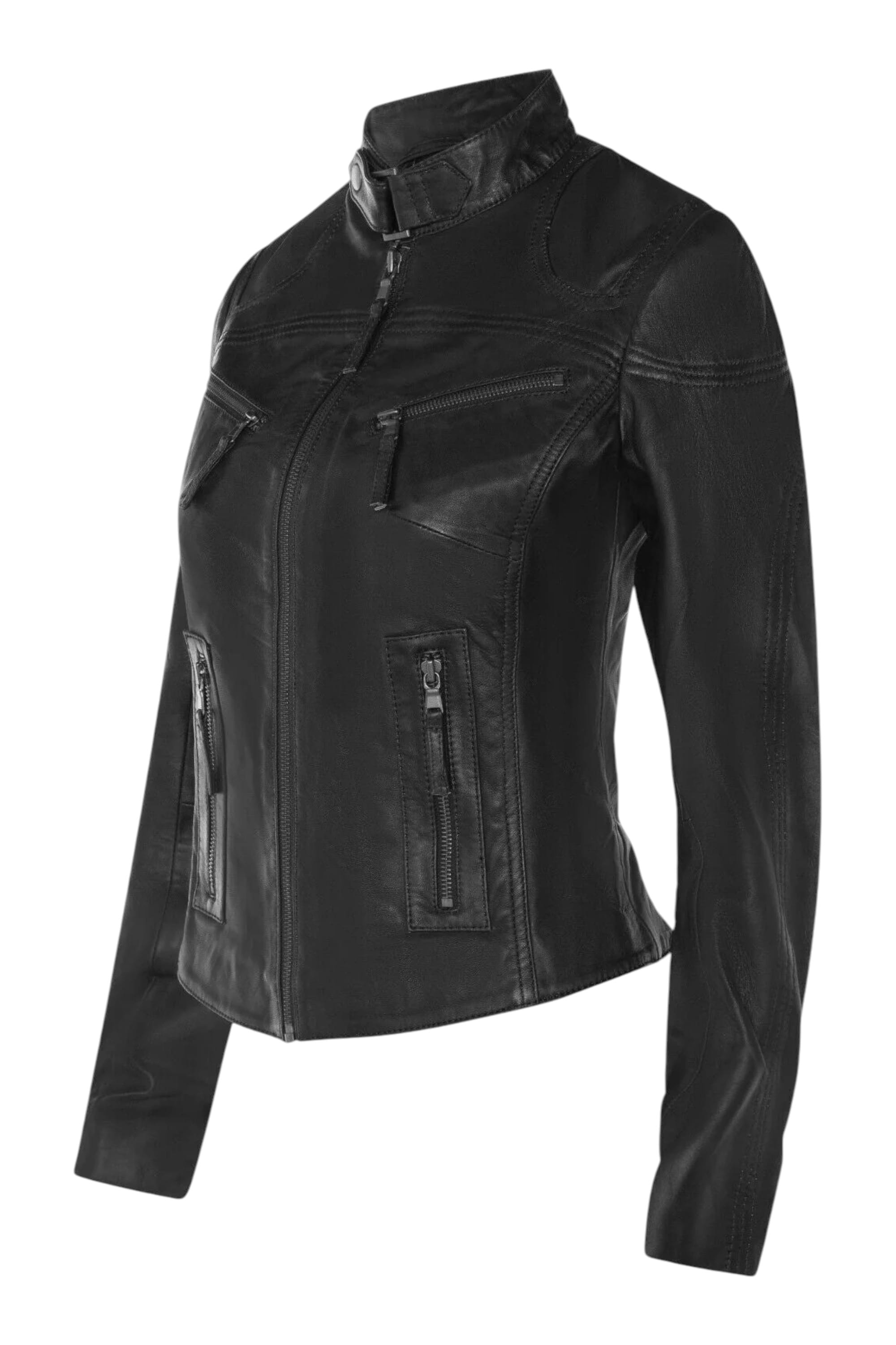Black Slim-Fit Leather Biker Jacket-Tulsa, Image 5 of 5