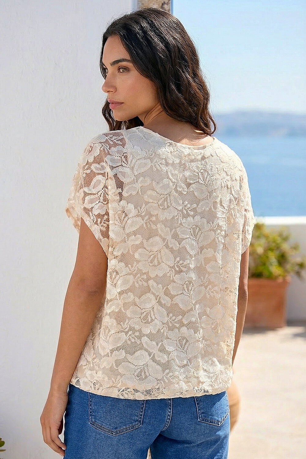 Ivory Floral Lace Overlay Stretch Top, Image 4 of 4