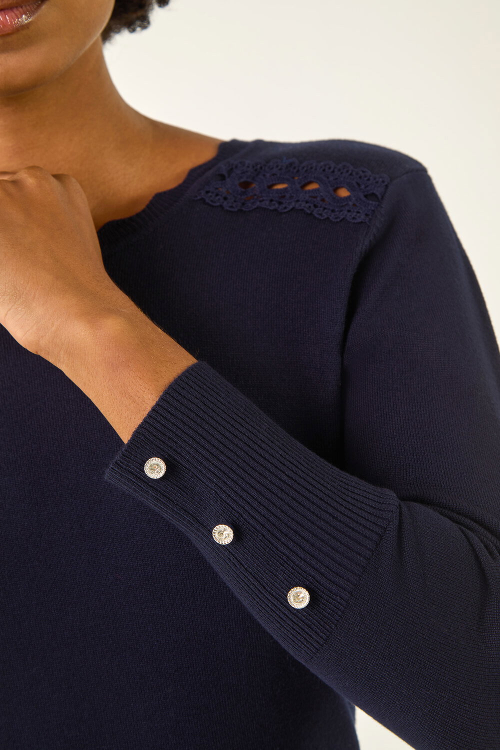 Navy Scalloped Neck Knit Jumper, Image 6 of 5
