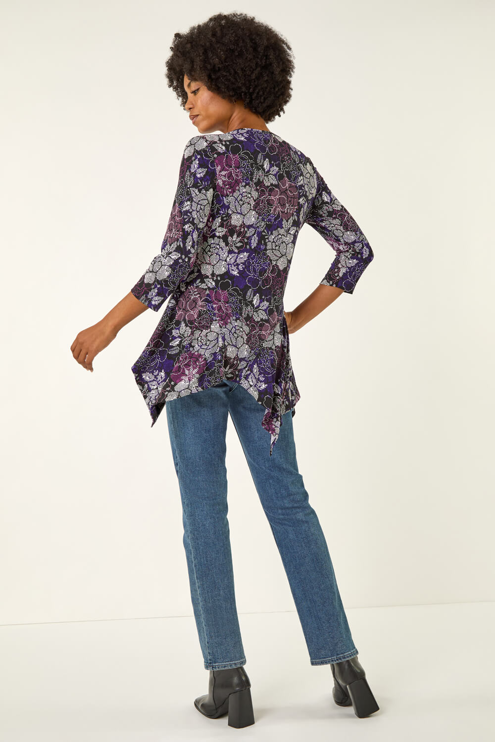 Purple Floral Puff Print Hanky Hem Top, Image 4 of 5