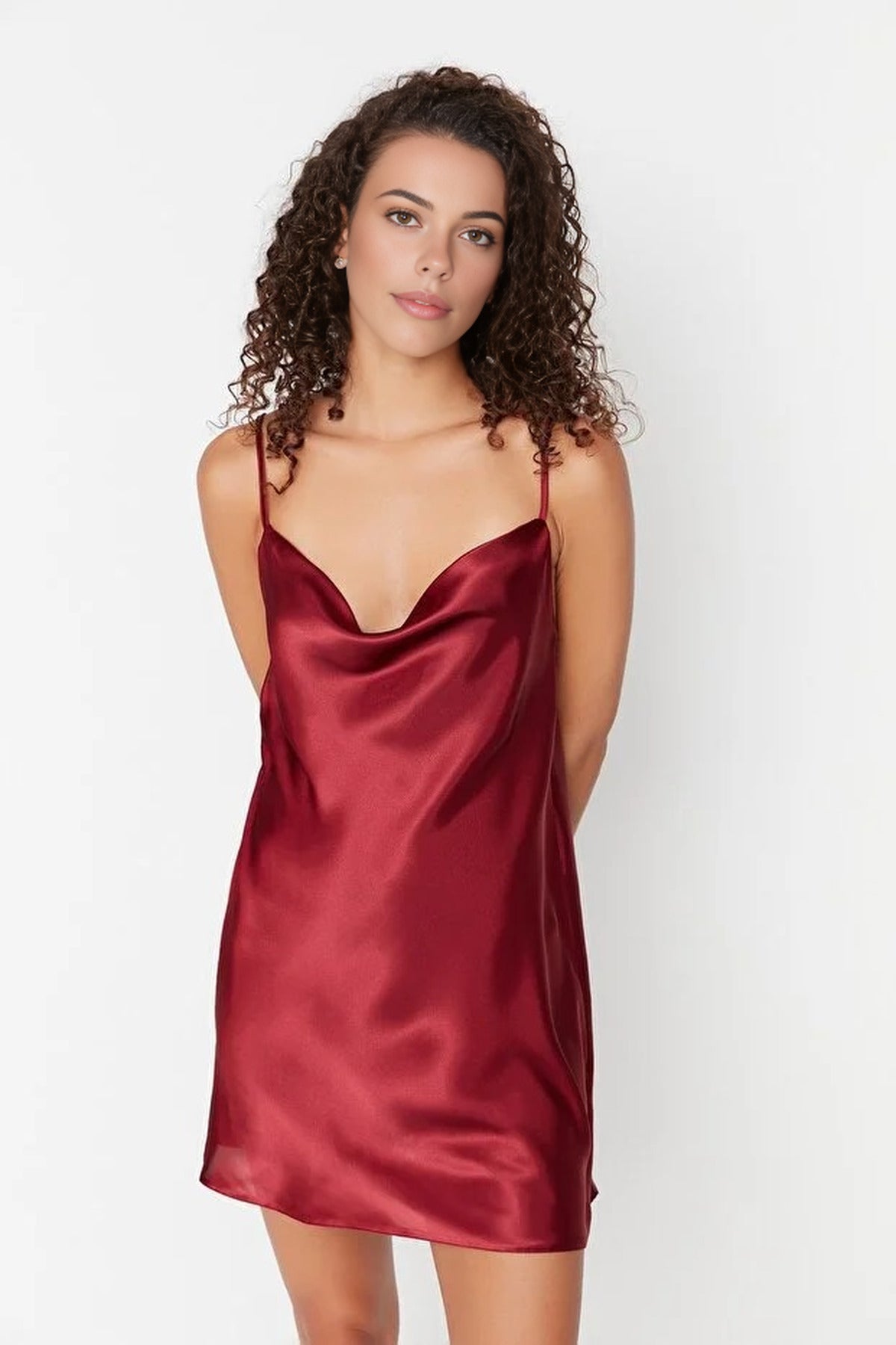 Burgundy WOVCOR Burgundy Cowl Neck Back Detail Satin Strappy Mini Nightdress, Image 1 of 3