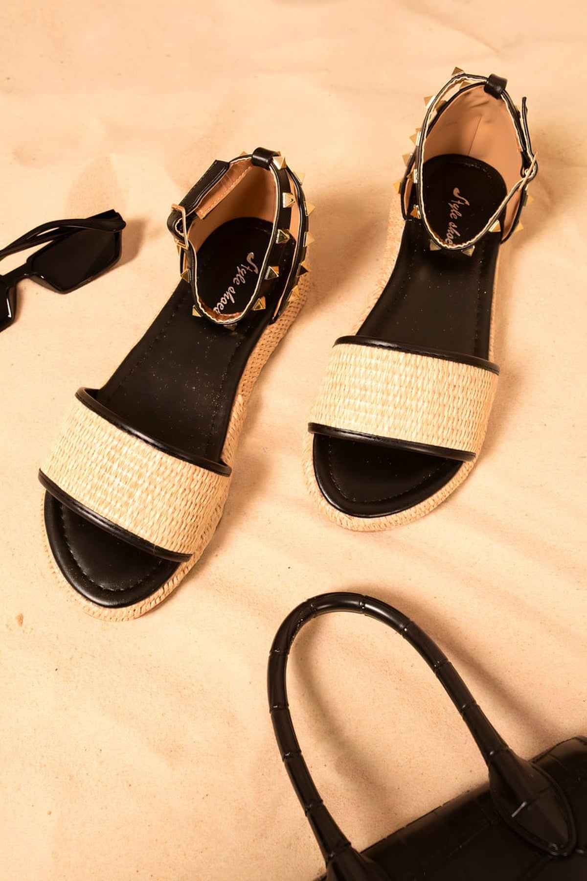 Black iKrush Black Hazel Studs Decorated Platform Strappy Sandals, Image 3 of 8