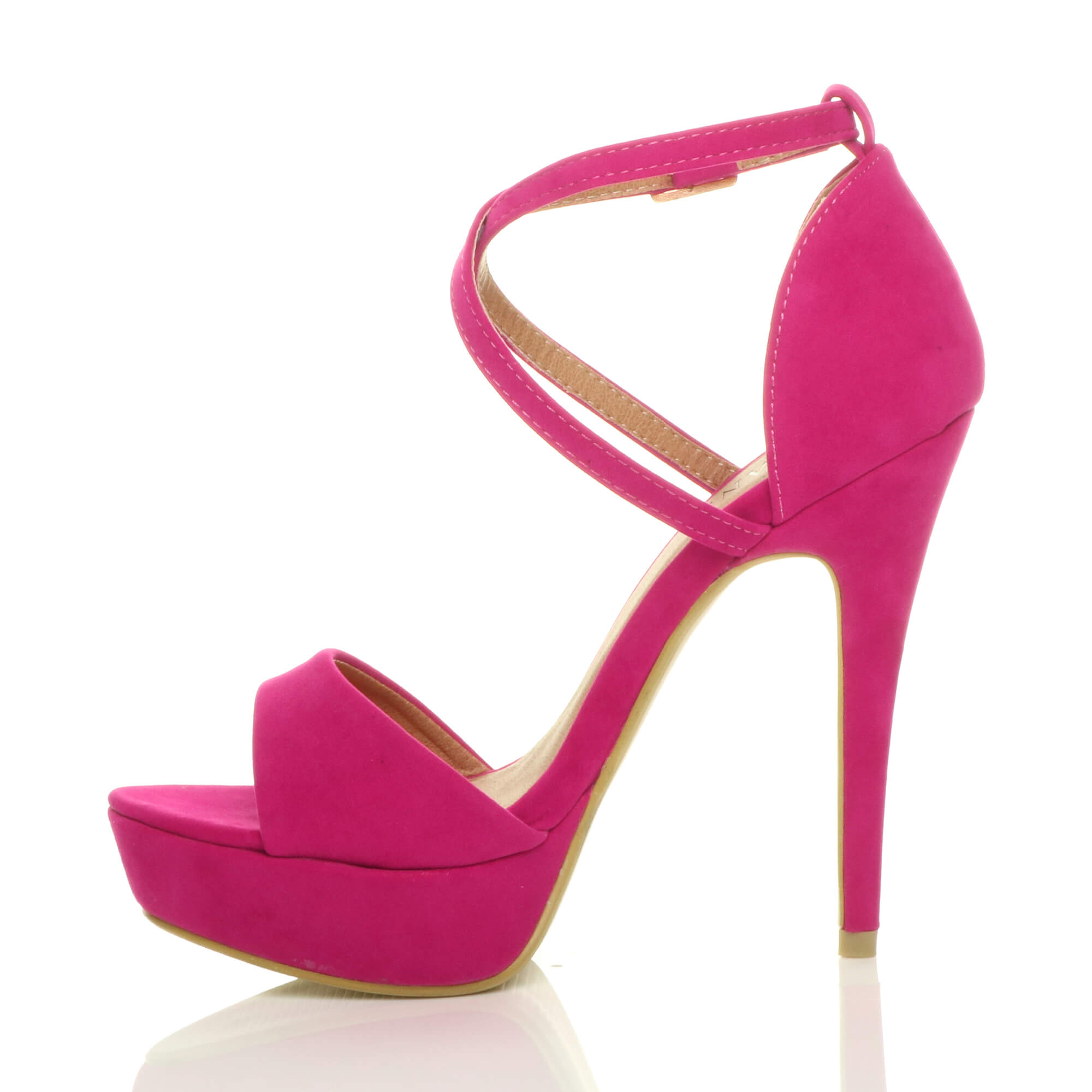 Fuchsia High Heel Crossed Straps Platform Sandals, Image 3 of 6